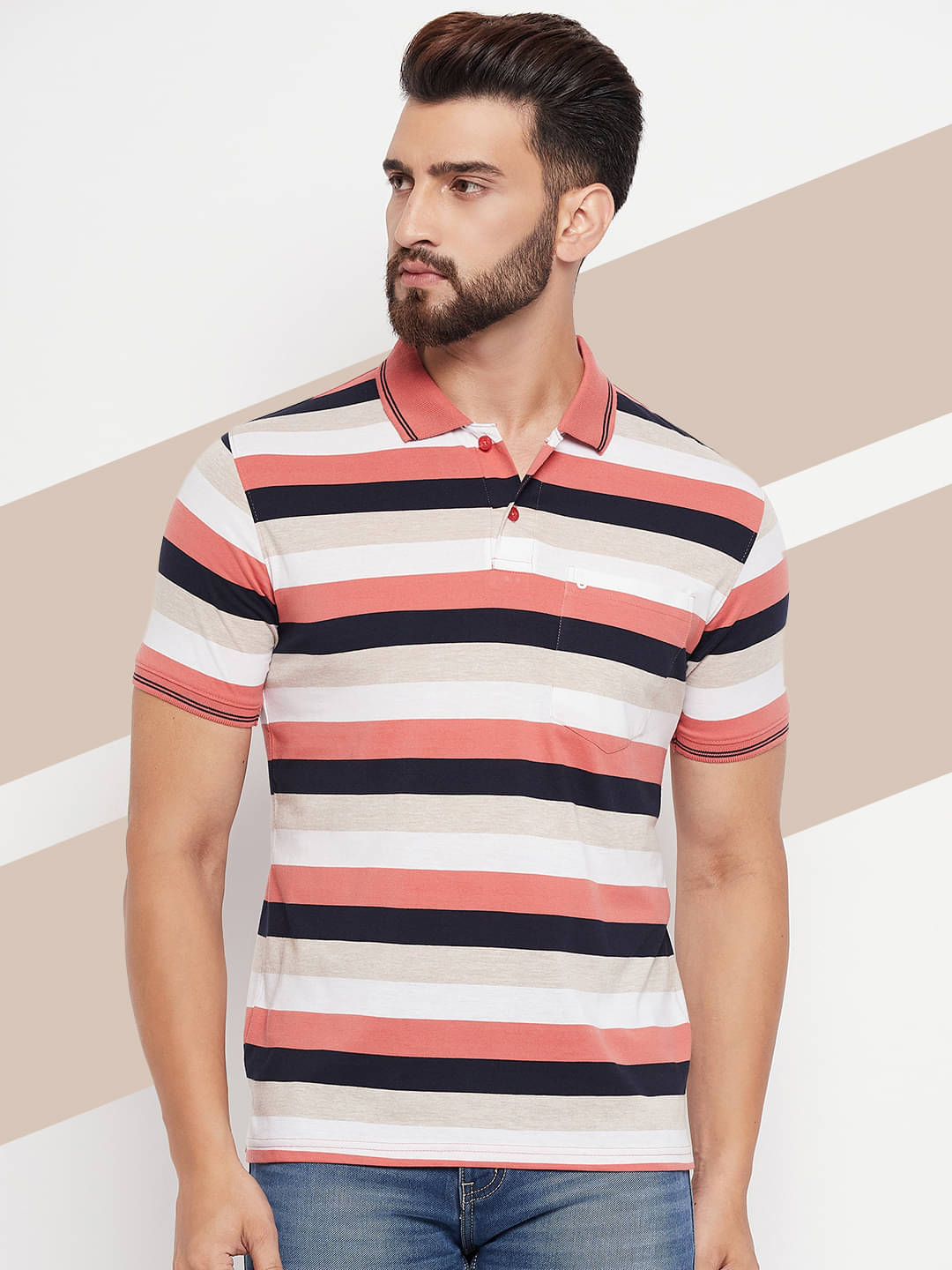 UNIBERRY Pack of 1 Cotton Blend Regular Fit Striped Half Sleeves Men's Polo T Shirt ( Peach ) UNIBERRY Pack of 1 Cotton Blend Regular Fit Striped Half Sleeves Men's Polo T Shirt ( Peach )