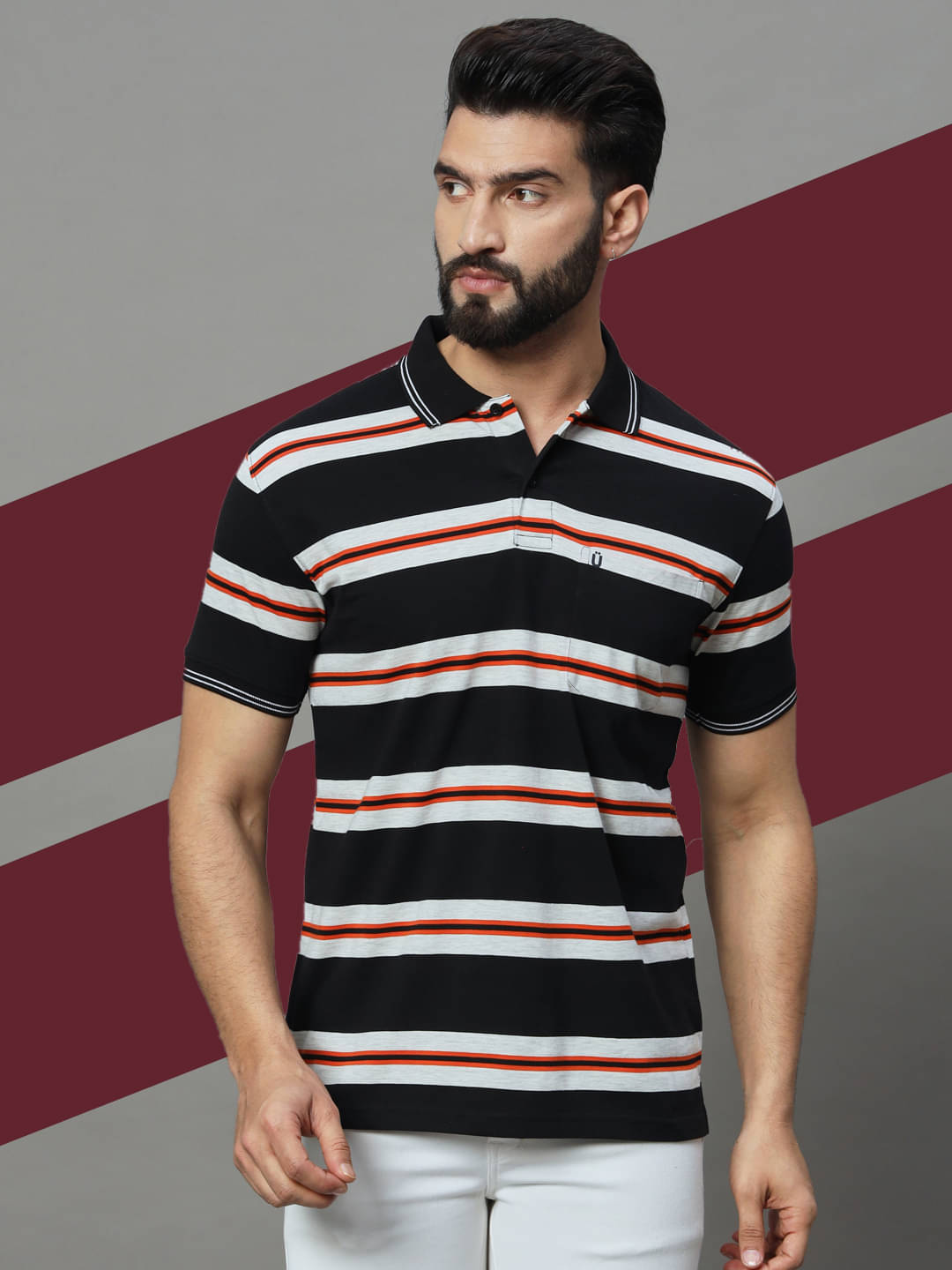     			UNIBERRY Pack of 1 Cotton Blend Regular Fit Striped Half Sleeves Men's Polo T Shirt ( White )