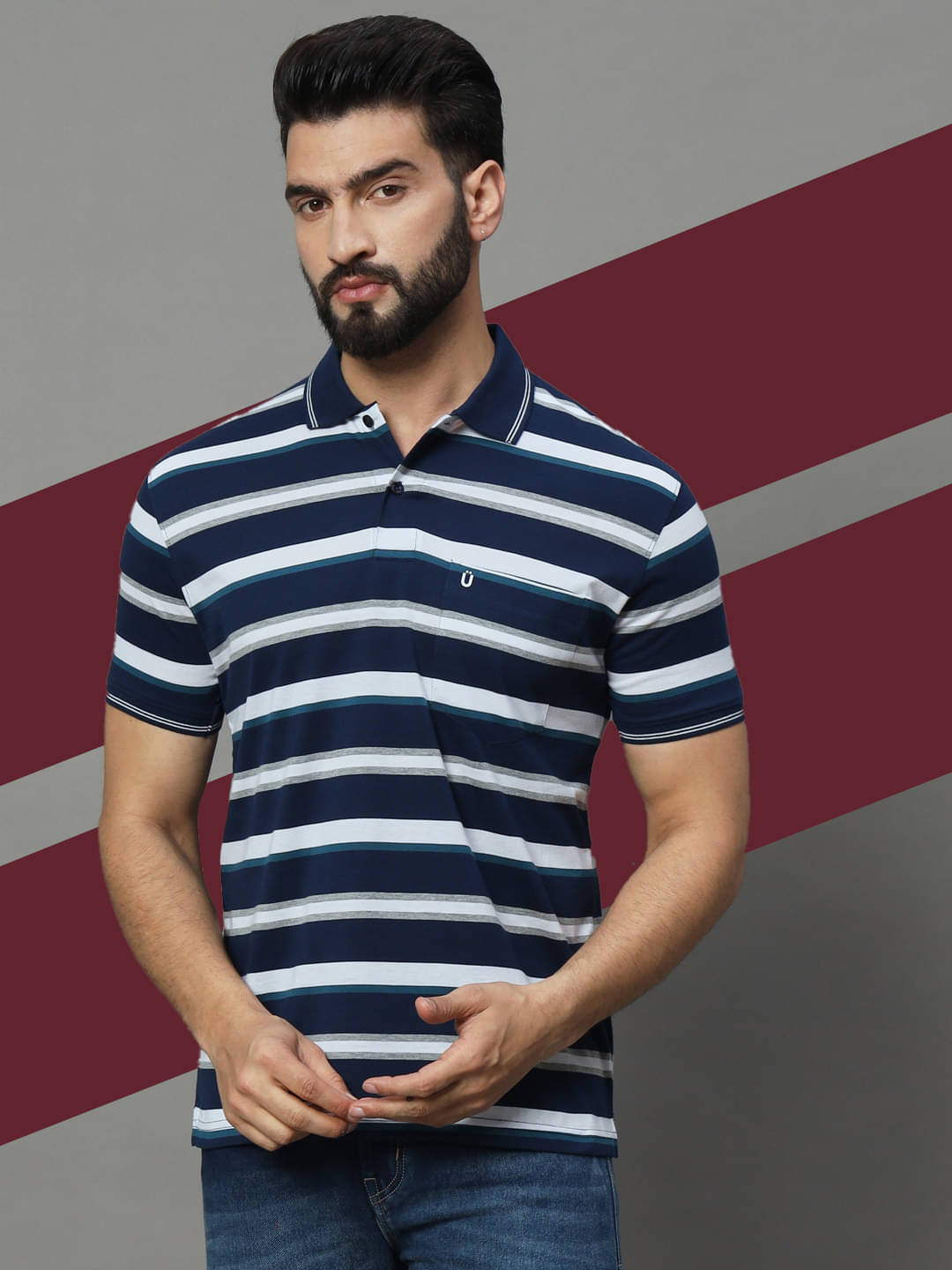     			UNIBERRY Pack of 1 Cotton Blend Regular Fit Striped Half Sleeves Men's Polo T Shirt ( Blue )