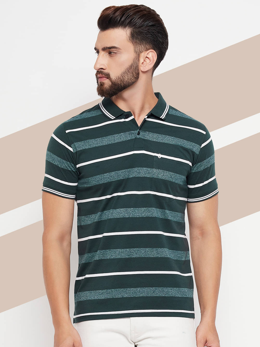 UNIBERRY Pack of 1 Cotton Blend Regular Fit Striped Half Sleeves Men's Polo T Shirt ( Dark Green )     			UNIBERRY Pack of 1 Cotton Blend Regular Fit Striped Half Sleeves Men's Polo T Shirt ( Dark Green )