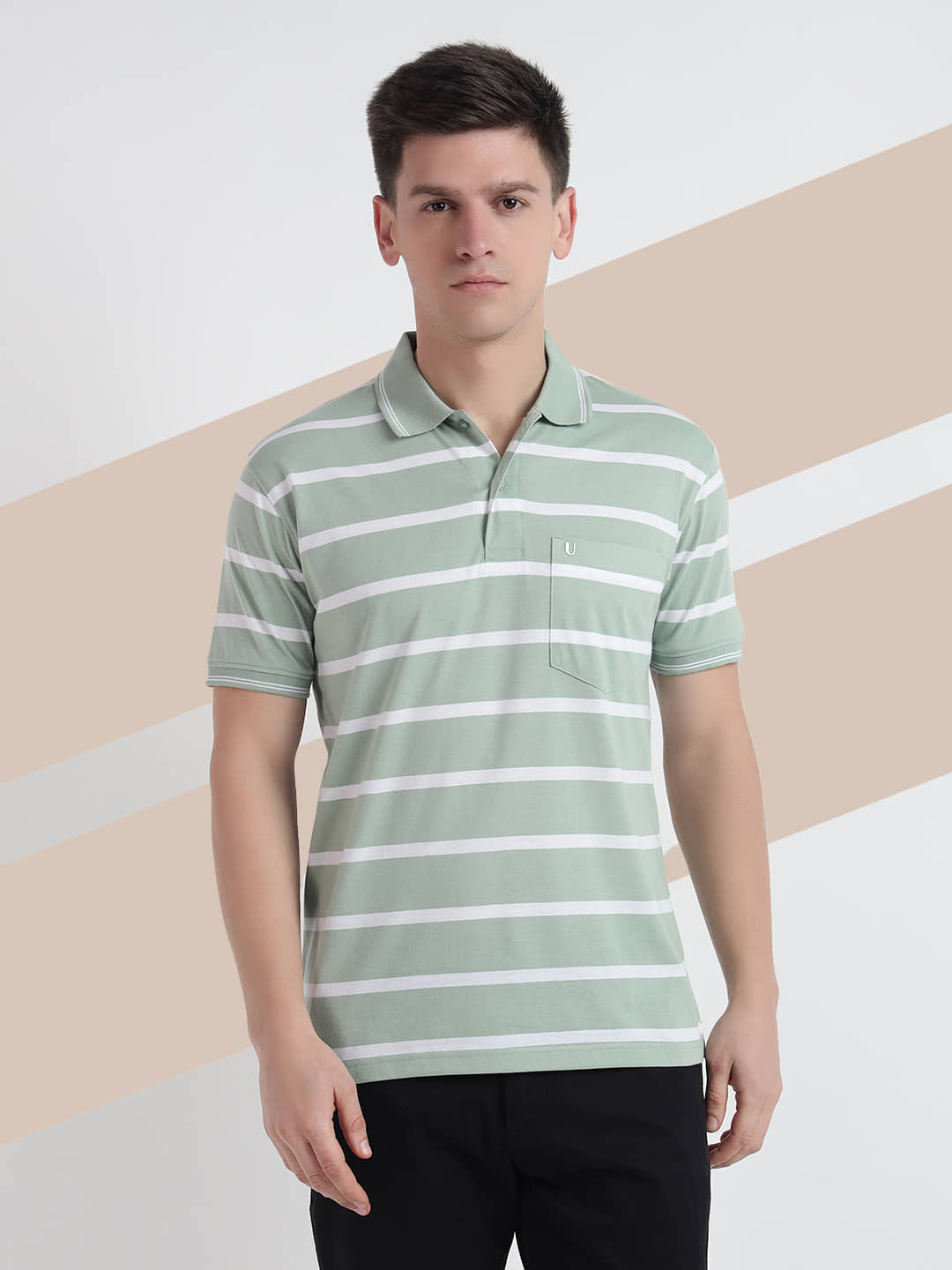 UNIBERRY Pack of 1 Cotton Blend Regular Fit Striped Half Sleeves Men's Polo T Shirt ( Lime Green )