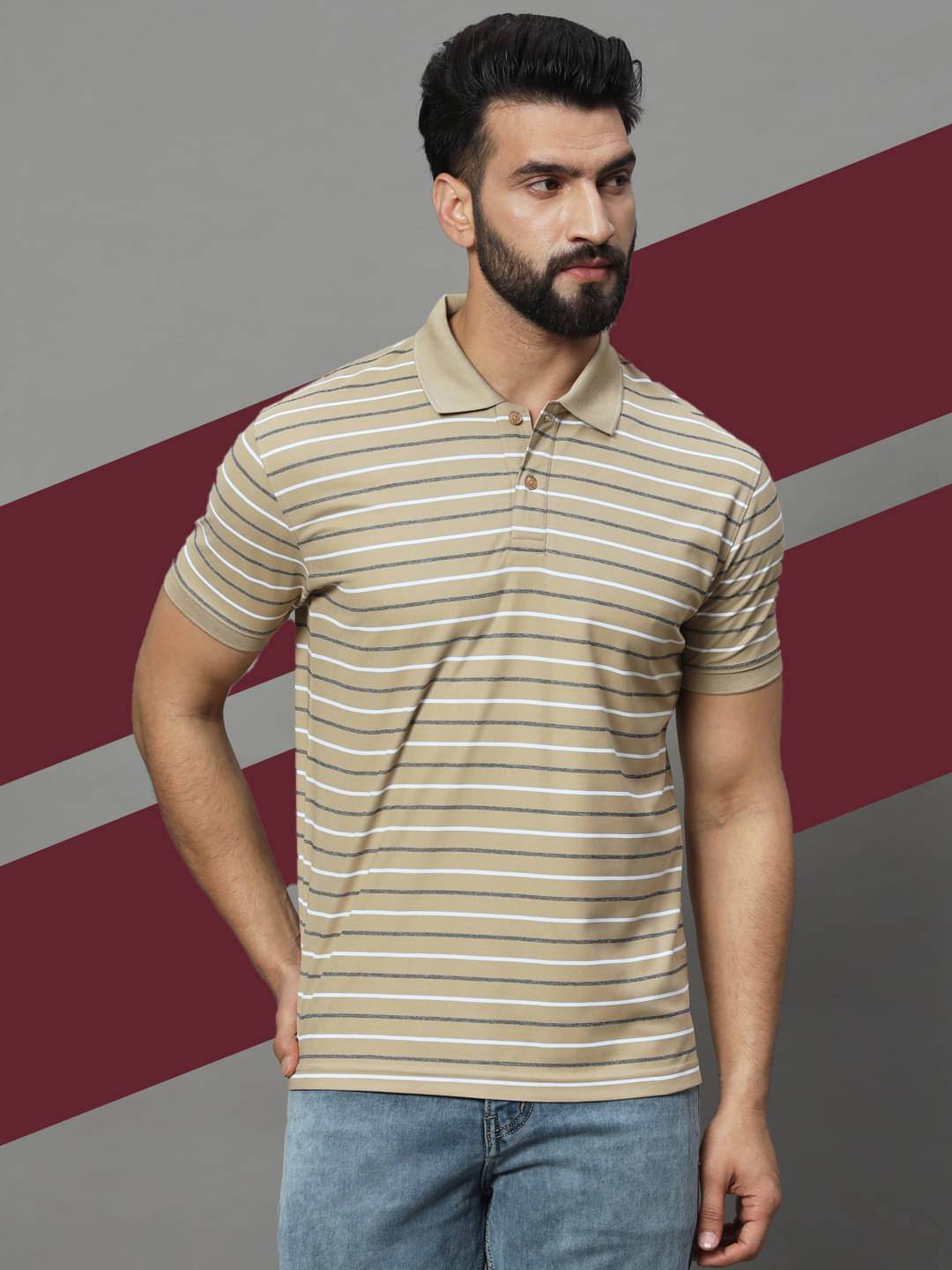     			UNIBERRY Pack of 1 Cotton Blend Regular Fit Striped Half Sleeves Men's Polo T Shirt ( Beige )