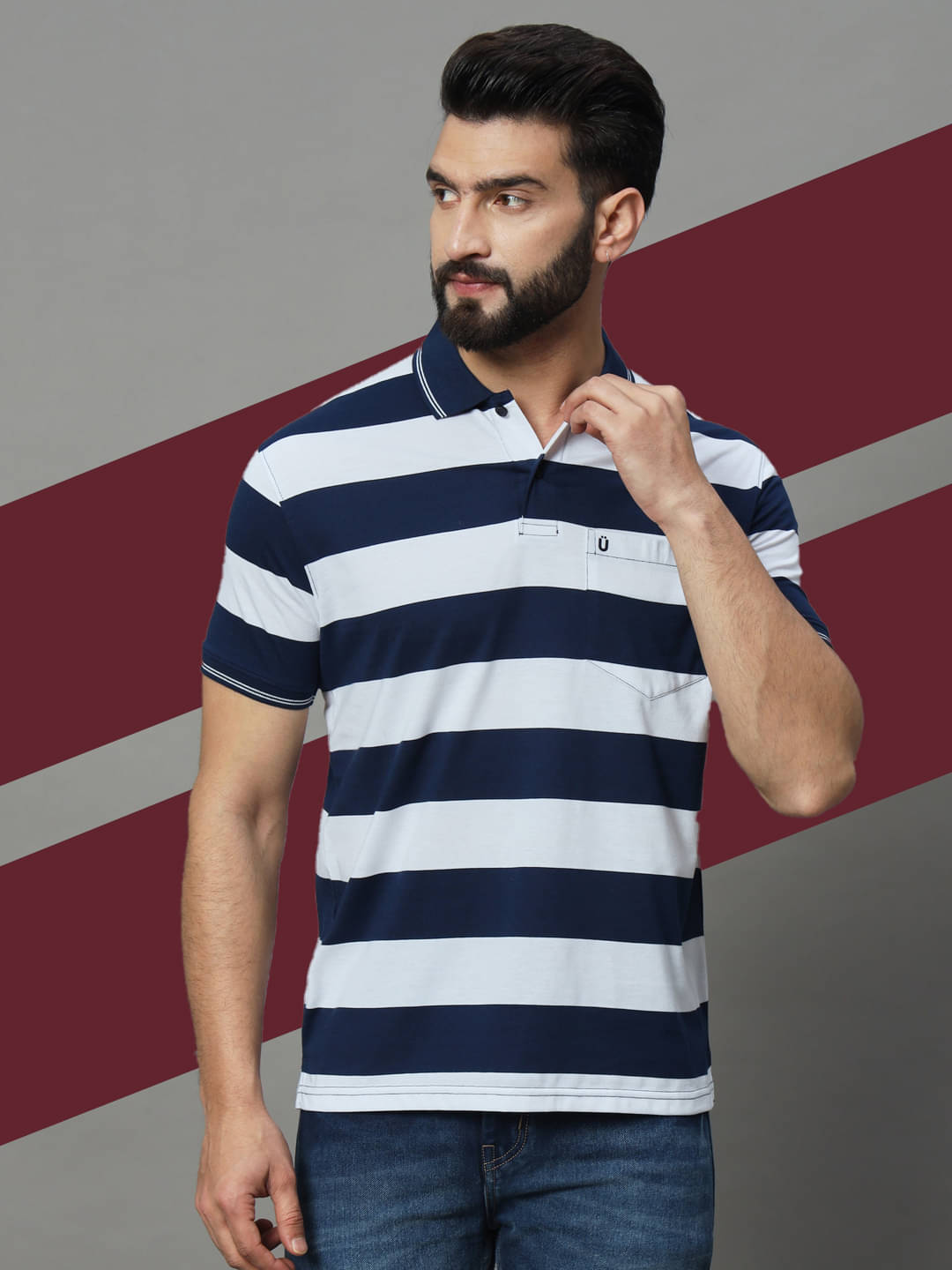     			UNIBERRY Pack of 1 Cotton Blend Regular Fit Striped Half Sleeves Men's Polo T Shirt ( White )