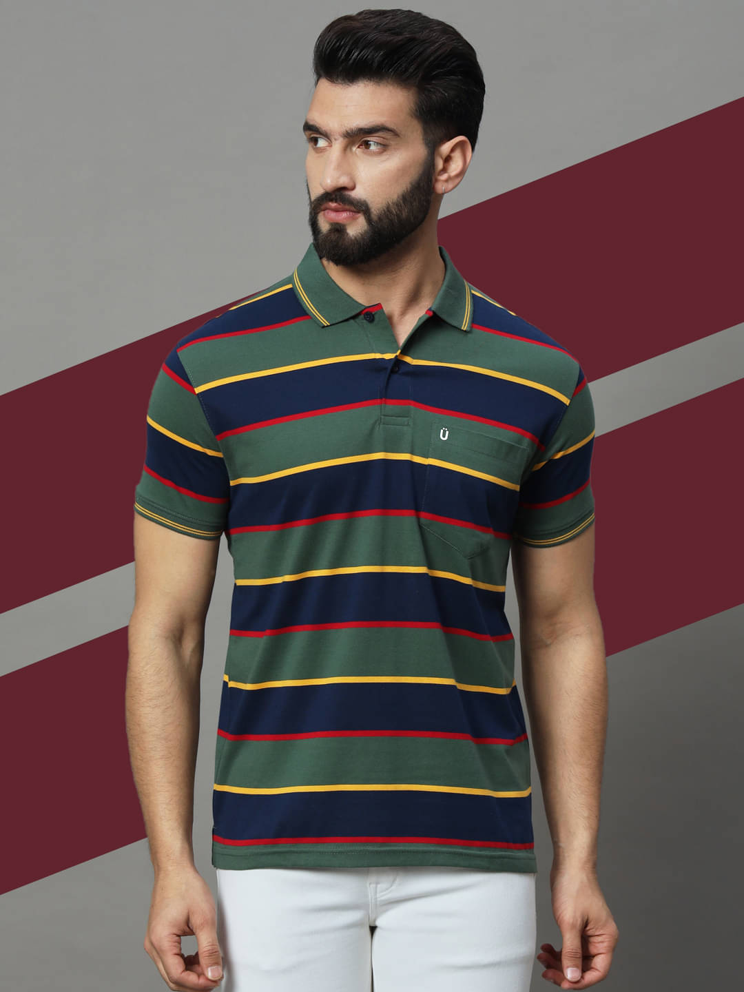 UNIBERRY Pack of 1 Cotton Blend Regular Fit Striped Half Sleeves Men's Polo T Shirt ( Melange Navy ) UNIBERRY Pack of 1 Cotton Blend Regular Fit Striped Half Sleeves Men's Polo T Shirt ( Melange Navy )