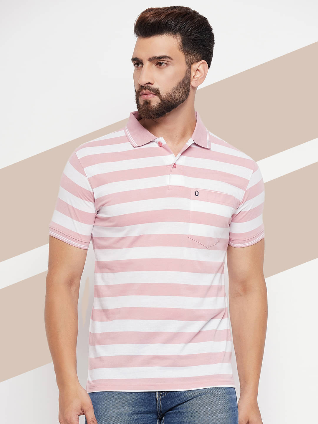 UNIBERRY Pack of 1 Cotton Blend Regular Fit Striped Half Sleeves Men's Polo T Shirt ( Pink ) UNIBERRY Pack of 1 Cotton Blend Regular Fit Striped Half Sleeves Men's Polo T Shirt ( Pink )