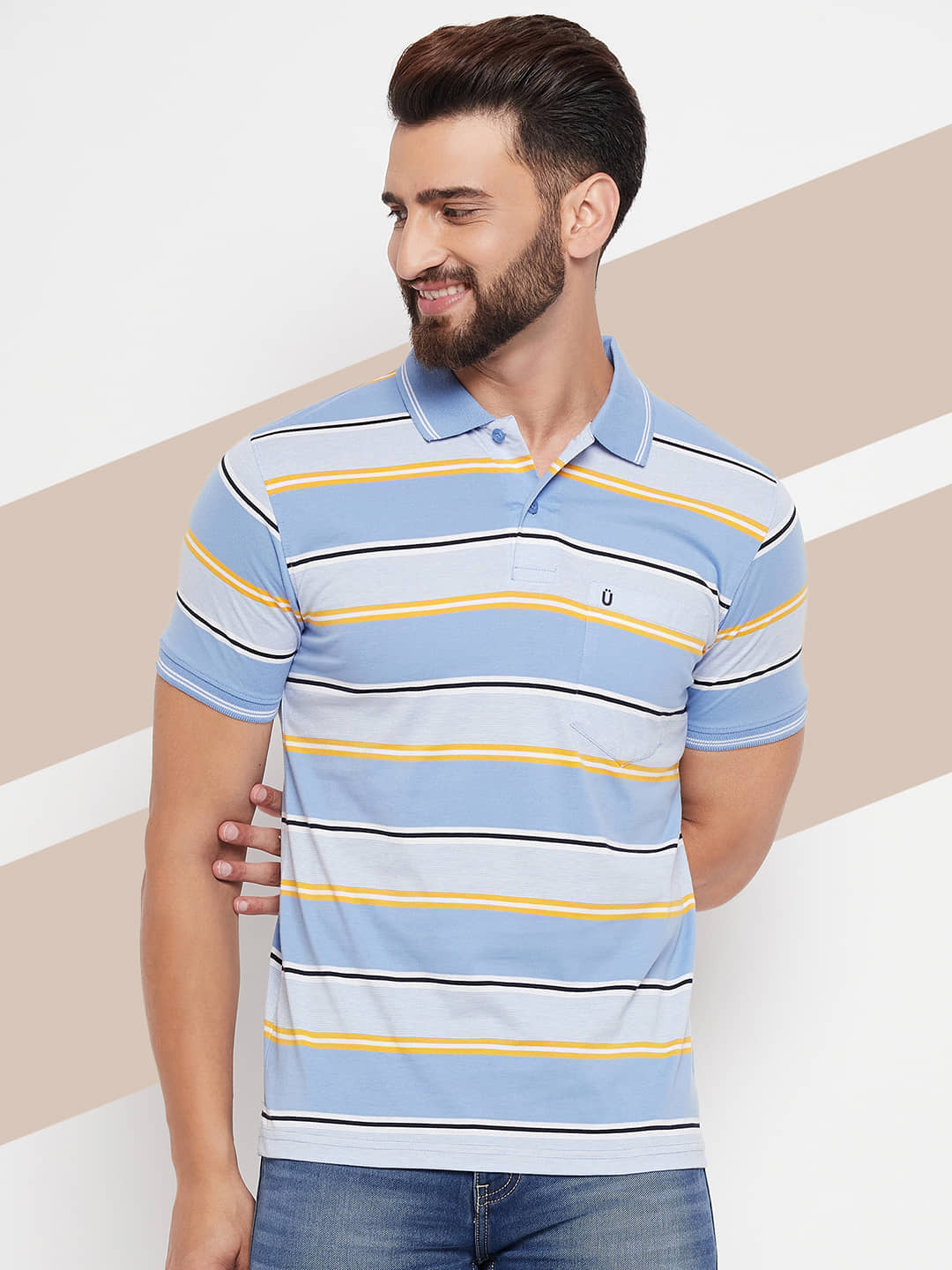 UNIBERRY Pack of 1 Cotton Blend Regular Fit Striped Half Sleeves Men's Polo T Shirt ( Sky Blue )