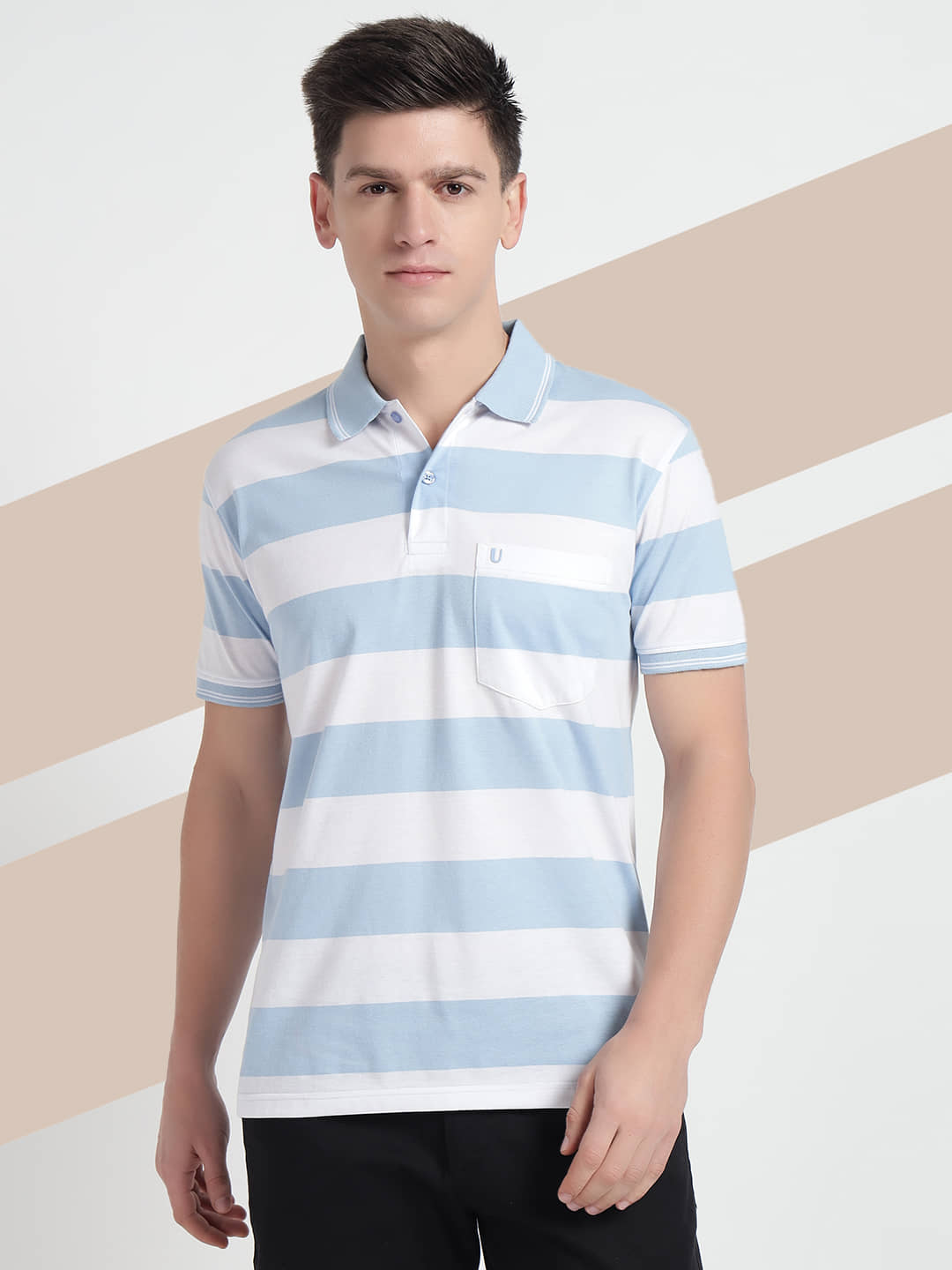UNIBERRY Pack of 1 Cotton Blend Regular Fit Striped Half Sleeves Men's Polo T Shirt ( Sky Blue )