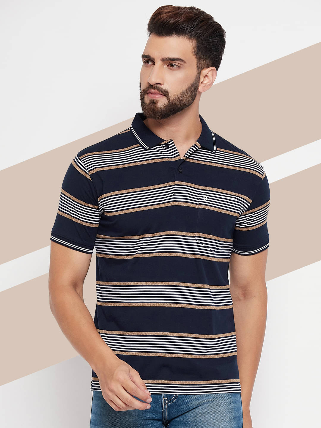     			UNIBERRY Pack of 1 Cotton Blend Regular Fit Striped Half Sleeves Men's Polo T Shirt ( Navy Blue )