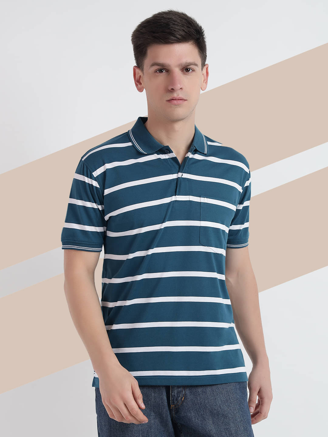 UNIBERRY Pack of 1 Cotton Blend Regular Fit Striped Half Sleeves Men's Polo T Shirt ( White )     			UNIBERRY Pack of 1 Cotton Blend Regular Fit Striped Half Sleeves Men's Polo T Shirt ( White )