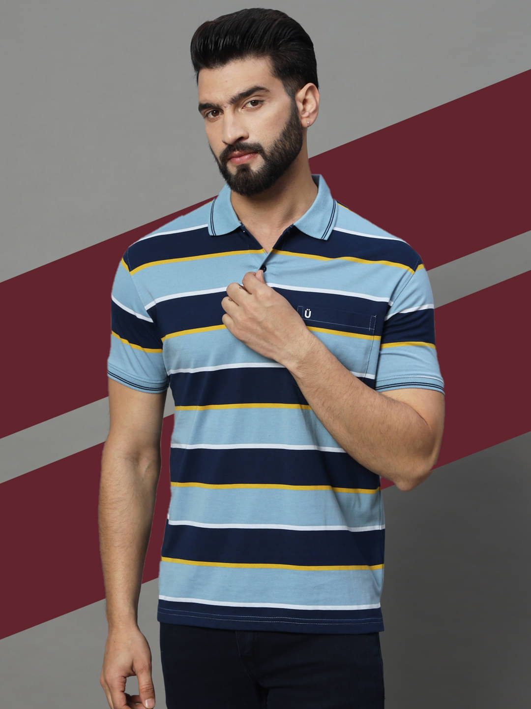     			UNIBERRY Pack of 1 Cotton Blend Regular Fit Striped Half Sleeves Men's Polo T Shirt ( Sky Blue )