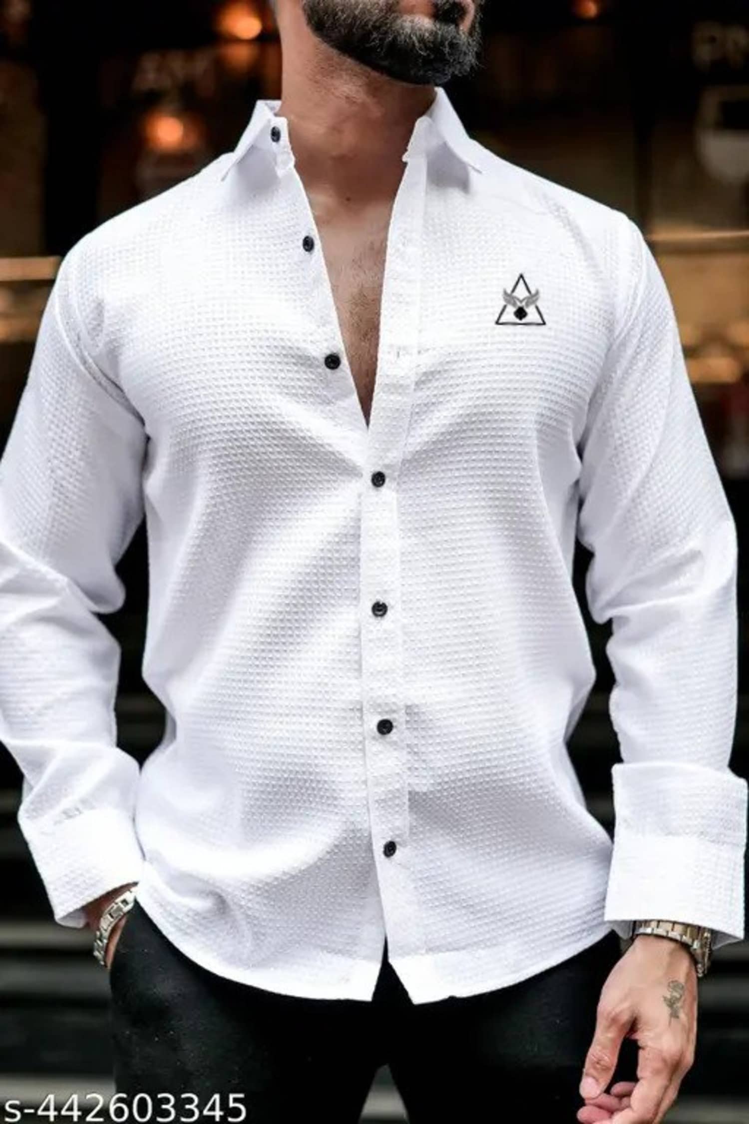 bluecorp enterprise Poly Cotton Regular Fit Popcorn Textured Full Sleeves Men's Casual Shirt - White ( Pack of 1 )