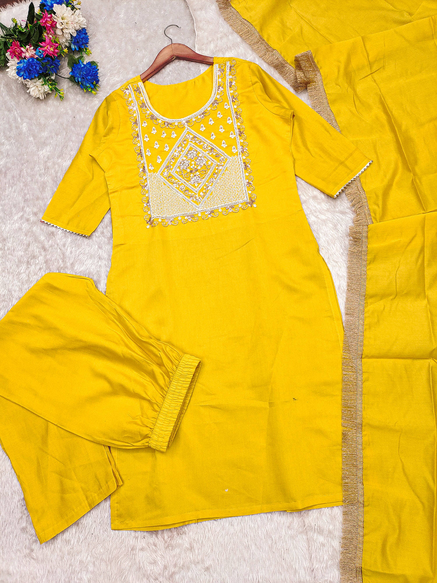 kedar fab Cotton Silk Embellished Kurti With Pants Women's Stitched Salwar Suit - Yellow ( Pack of 1 ) kedar fab Cotton Silk Embellished Kurti With Pants Women's Stitched Salwar Suit - Yellow ( Pack of 1 )