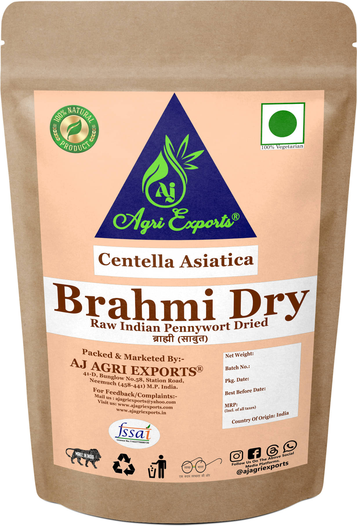 AJ AGRI EXPORTS Brahmi Dry - Mandukaparni - Indian Pennywort - Centella Asiatica 100 gm AJ AGRI EXPORTS Brahmi Dry - Mandukaparni - Indian Pennywort - Centella Asiatica 100 gm