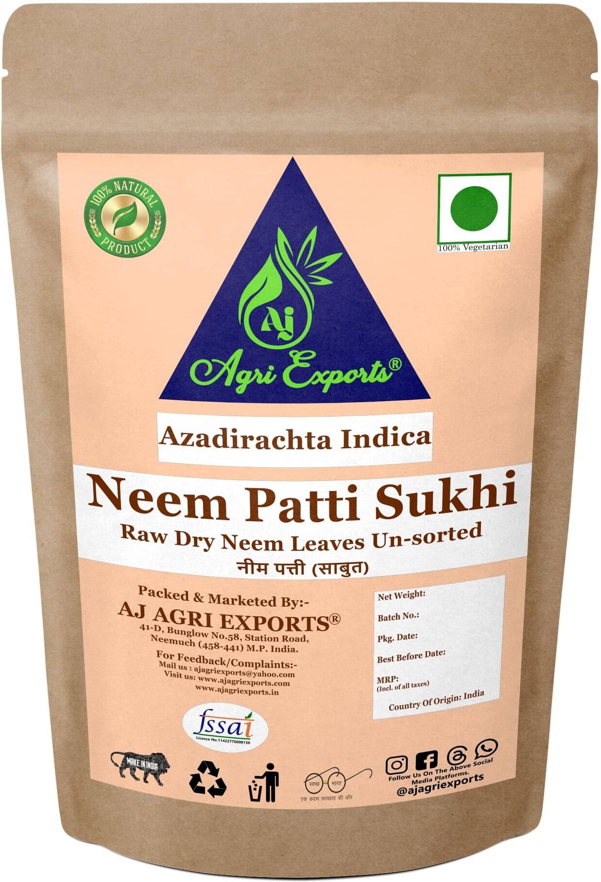 AJ AGRI EXPORTS Neem Patti Dry - Sukhi Neem Patti - Azadirachta Indica 200 gm AJ AGRI EXPORTS Neem Patti Dry - Sukhi Neem Patti - Azadirachta Indica 200 gm