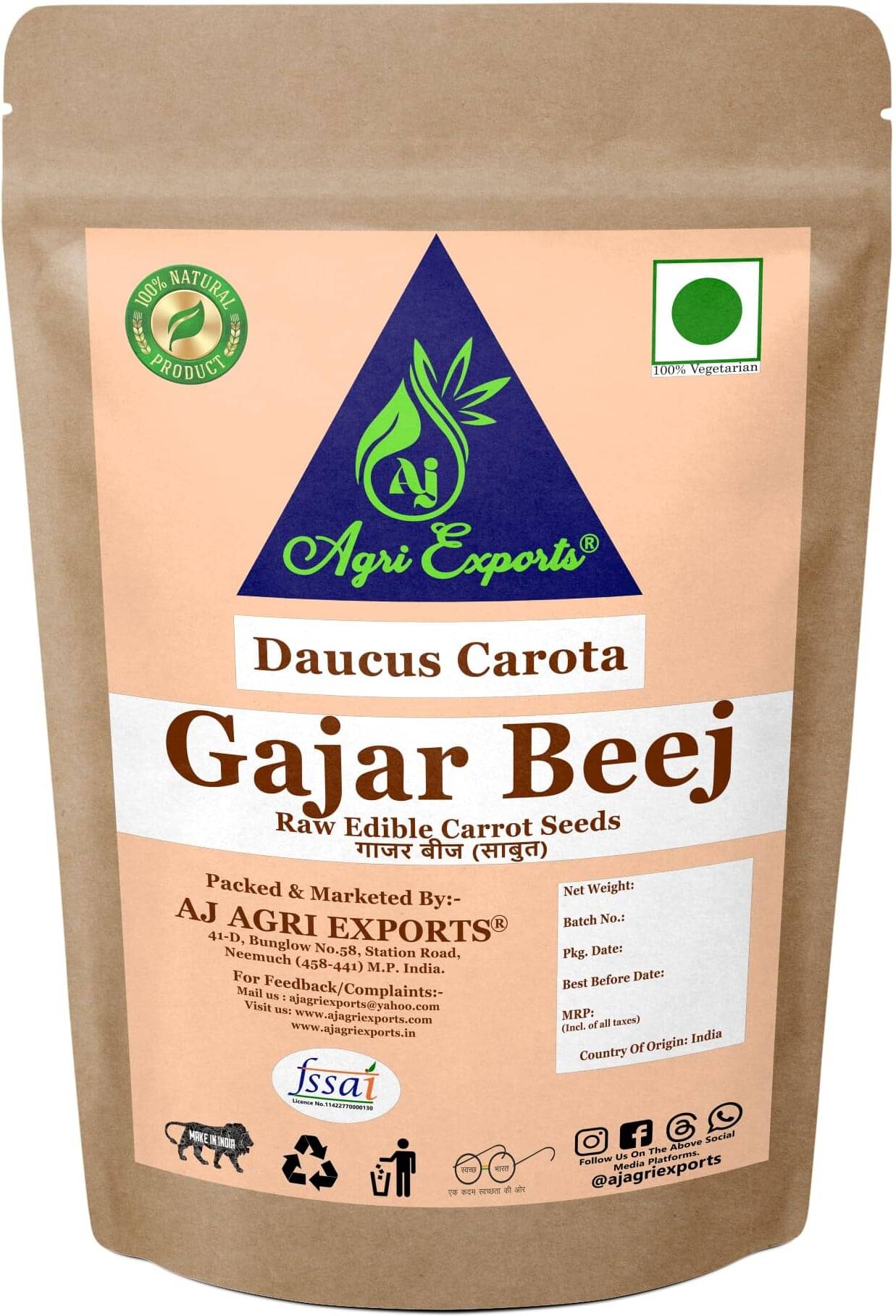AJ AGRI EXPORTS Gajar Beej - Edible Carrot Seeds - Carrot -Beej - Daucus Carota 400 gm AJ AGRI EXPORTS Gajar Beej - Edible Carrot Seeds - Carrot -Beej - Daucus Carota 400 gm