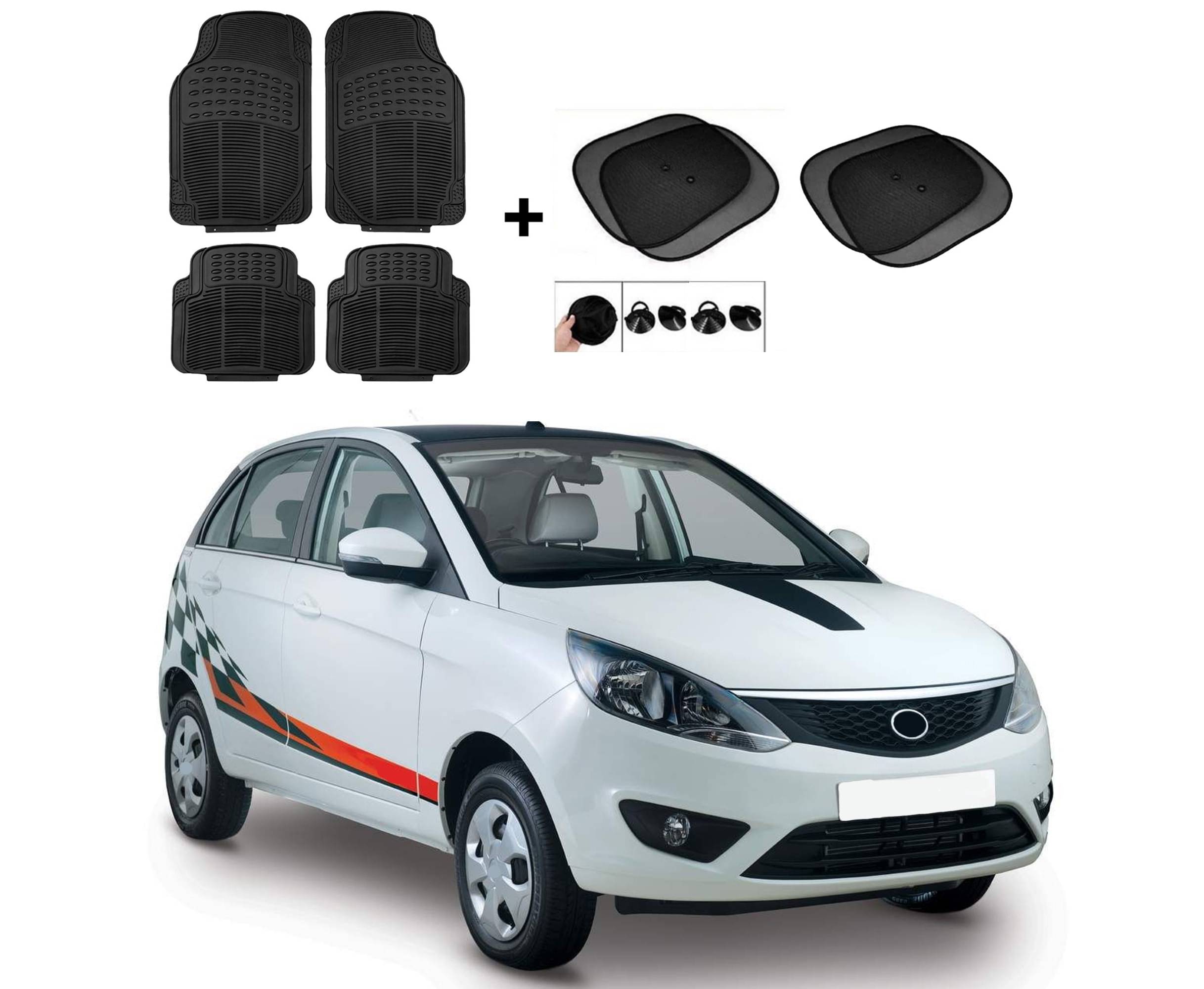     			ARLOOK Car Rubber Foot Mat (Set Of 4) + Sunshades (Set Of 4) For Tata Bolt  (All Models)