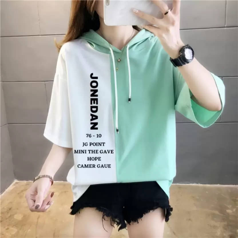     			CLOTHINA Women Cotton Blend Solid Oversized Fit Hooded T-Shirt ( Green )