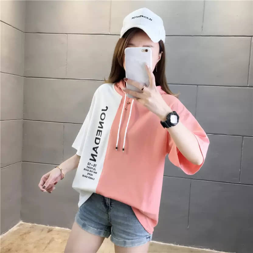 CLOTHINA Women Cotton Blend Solid Oversized Fit Hooded T-Shirt ( Peach )