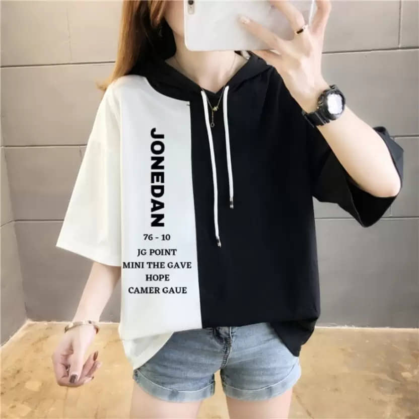 CLOTHINA Women Cotton Blend Solid Oversized Fit Hooded T-Shirt ( Black )