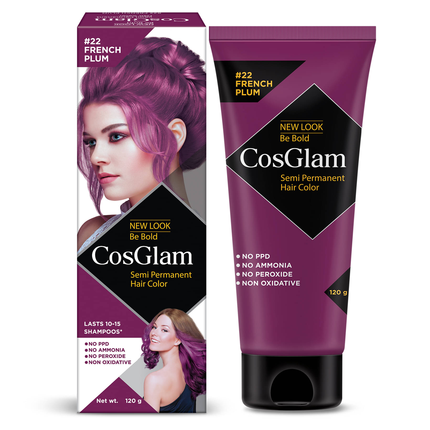 COSGLAM Semi Permanent Hair Color, No Peroxide, Non Oxidative, Ammonia Free Hair Colour 22 French Plum - 120gm     			COSGLAM Semi Permanent Hair Color, No Peroxide, Non Oxidative, Ammonia Free Hair Colour 22 French Plum - 120gm