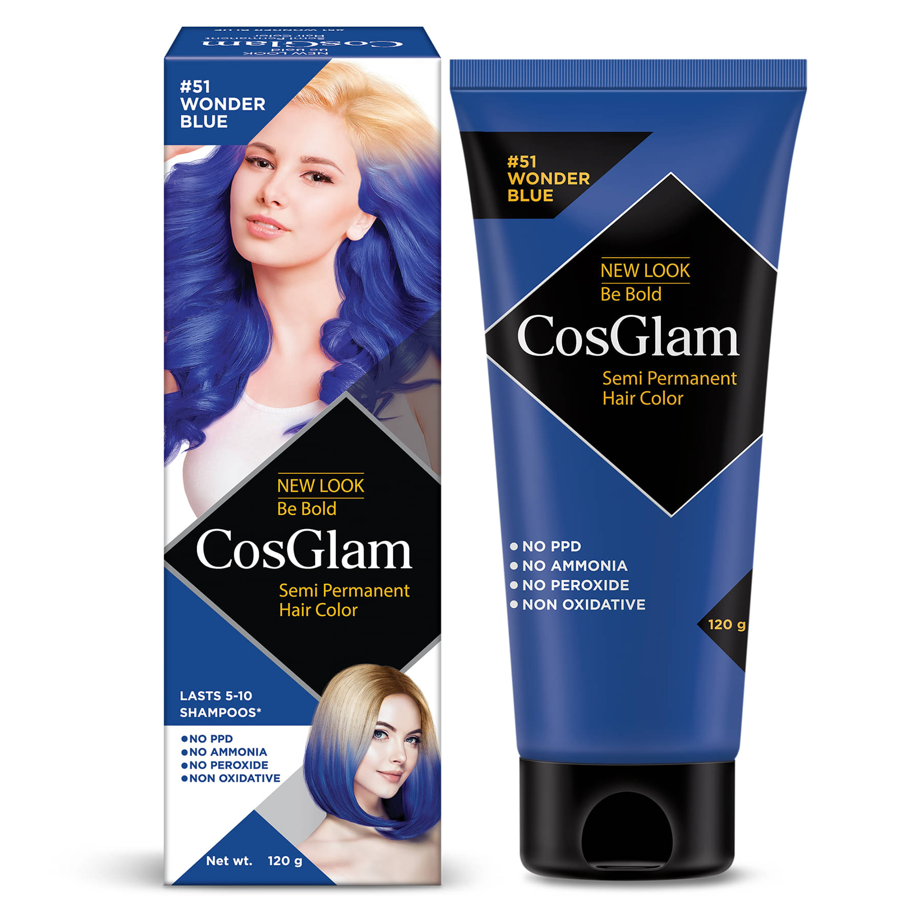 COSGLAM Semi Permanent Hair Color, No Peroxide, Non Oxidative, Ammonia Free Hair Colour 51 Wonder Blue - 120gm     			COSGLAM Semi Permanent Hair Color, No Peroxide, Non Oxidative, Ammonia Free Hair Colour 51 Wonder Blue - 120gm