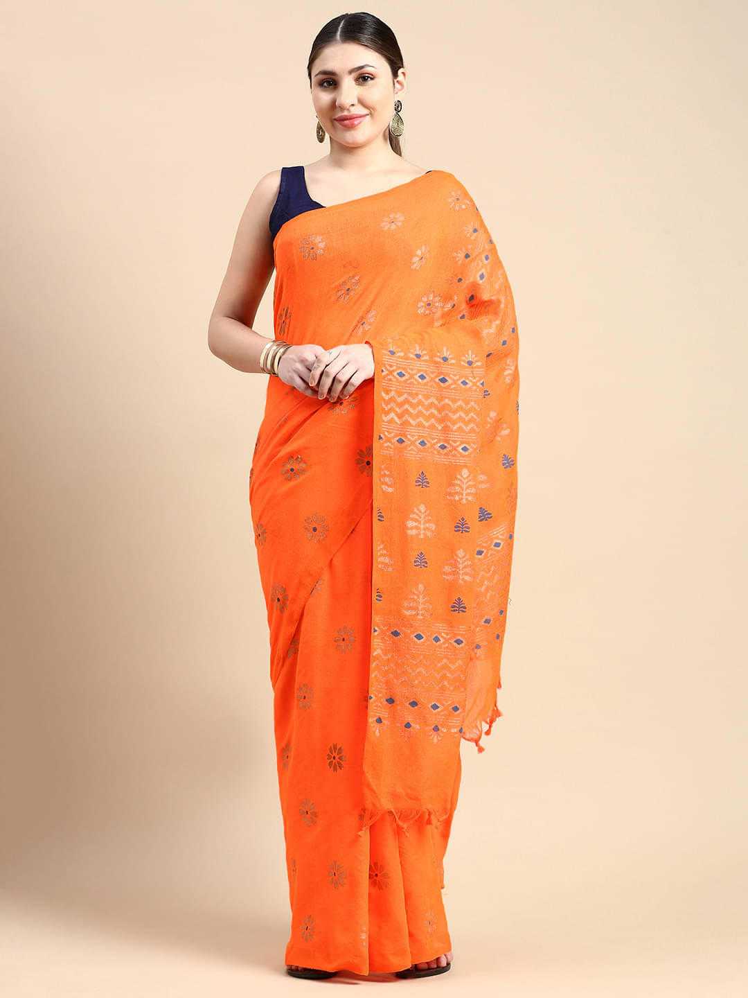     			Desh Bidesh Cotton Printed Saree With Unstitched Blouse Piece ( Orange )