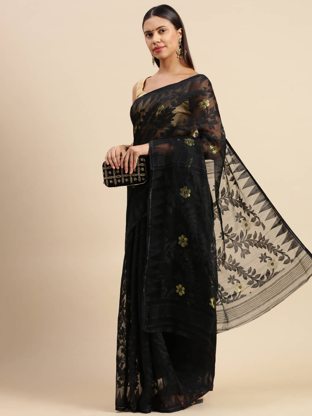Desh Bidesh Cotton Self Design Saree Without Blouse Piece ( Black ) Desh Bidesh Cotton Self Design Saree Without Blouse Piece ( Black )