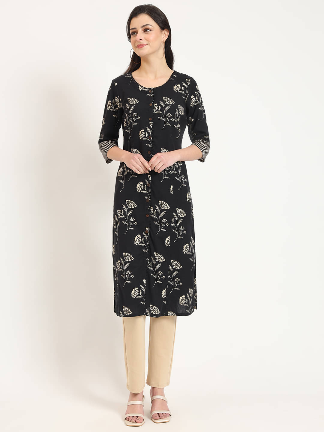     			Divena Pack of 1 Cotton Printed A-Line Women's Kurti - ( Black )