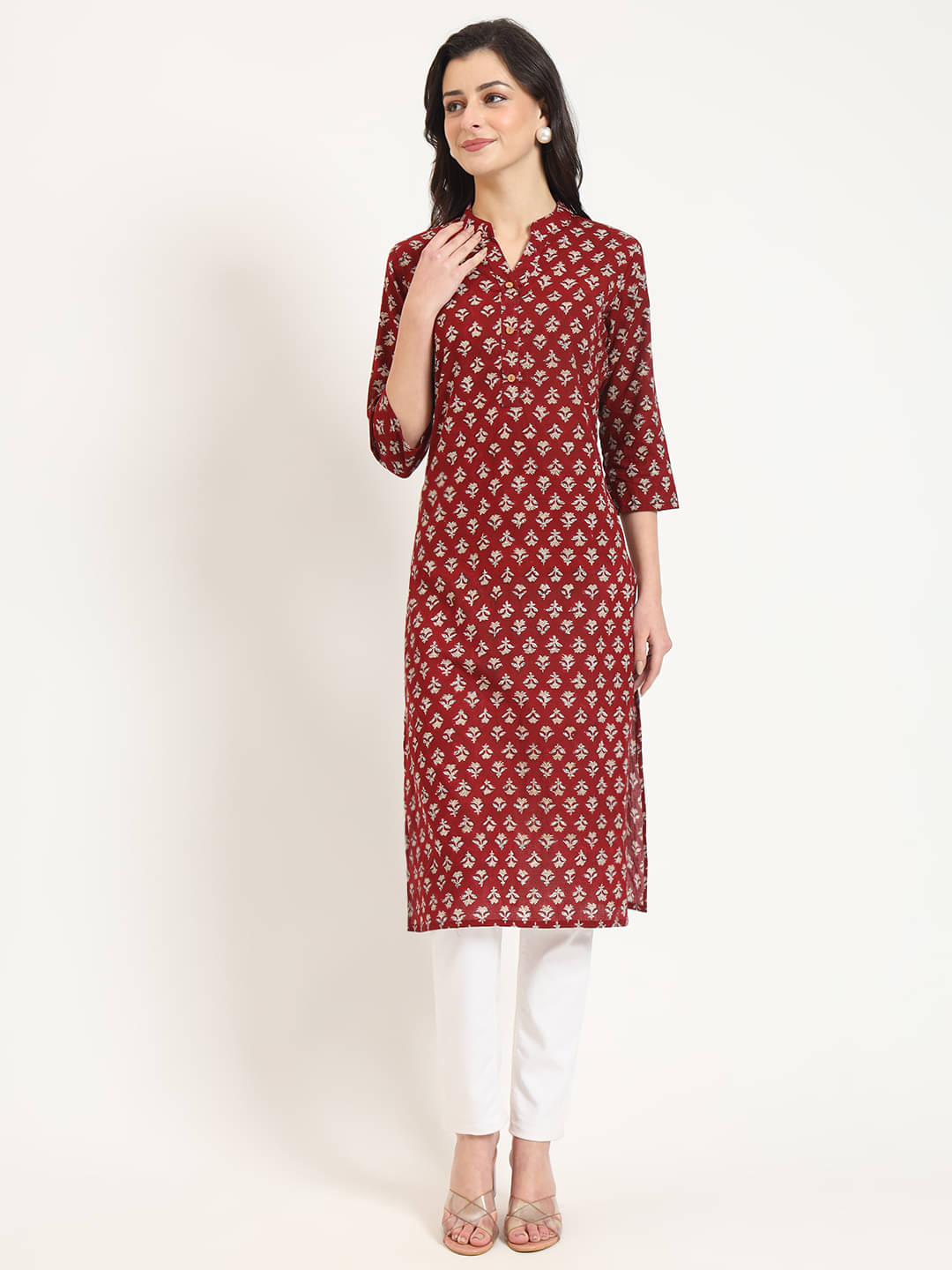     			Divena Pack of 1 Cotton Printed Straight Women's Kurti - ( Maroon )
