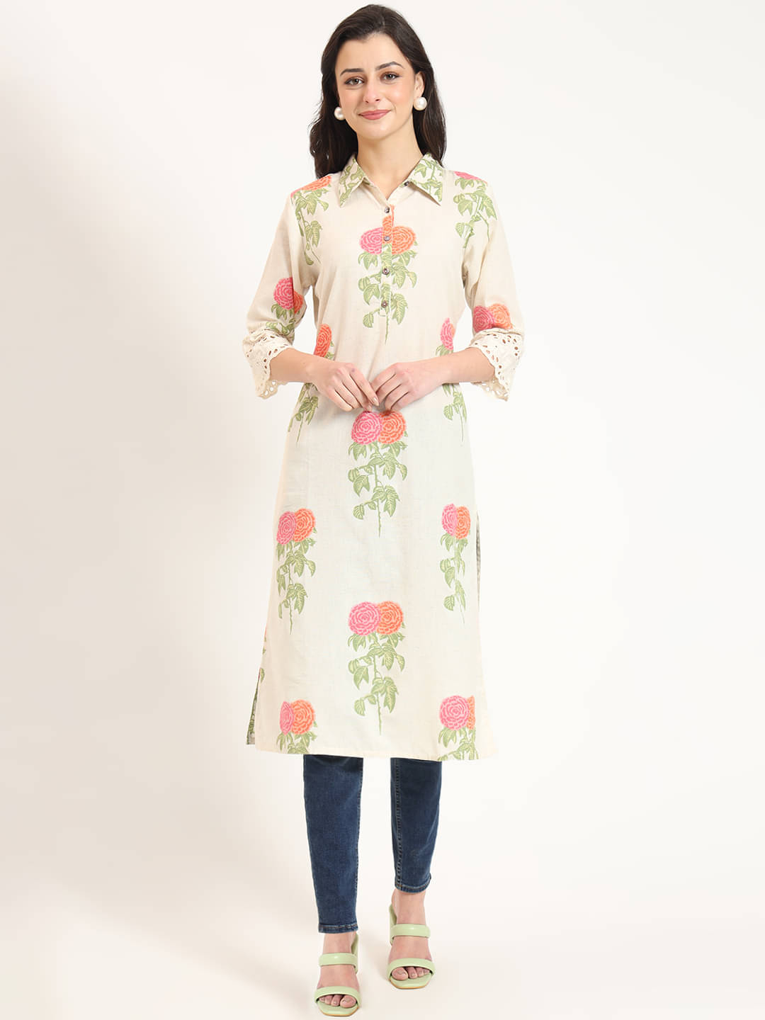     			Divena Pack of 1 Cotton Printed Straight Women's Kurti - ( Cream )