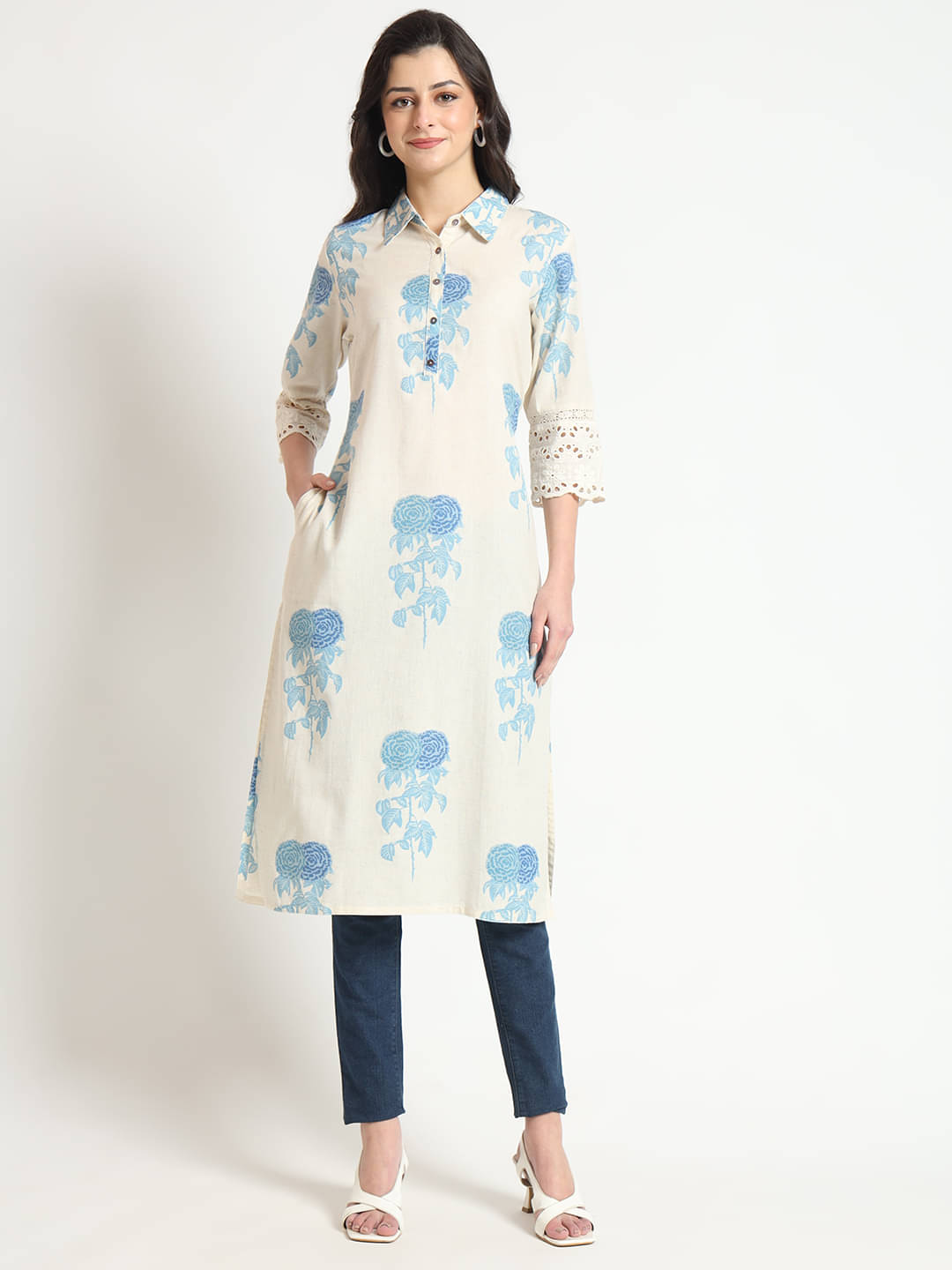 Divena Pack of 1 Cotton Printed Straight Women's Kurti - ( Cream ) Divena Pack of 1 Cotton Printed Straight Women's Kurti - ( Cream )