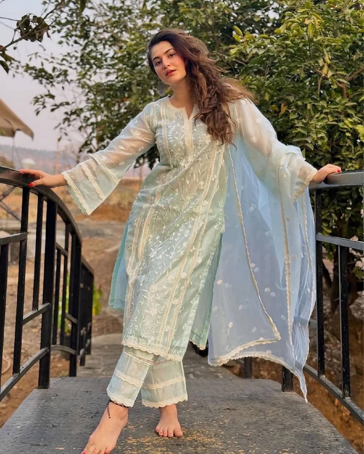     			Gazal Fashions Organza Embroidered Kurti With Pants Women's Stitched Salwar Suit - Sea Green ( Pack of 1 )