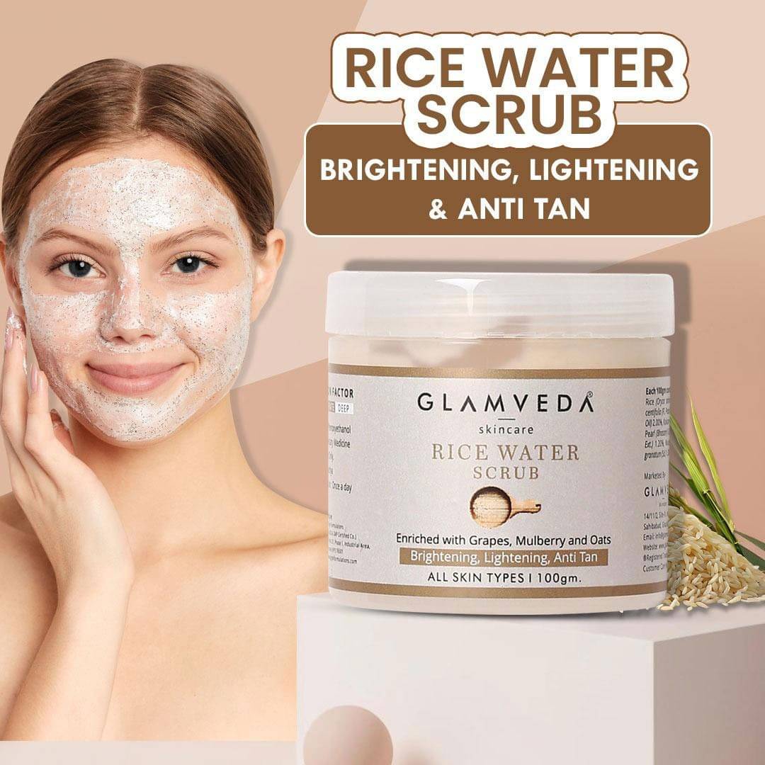 Glamveda Rice Water Brightening Face Scrub , Lightens Skin Pigmentation & Tanning 100gm (Pack of 1) Glamveda Rice Water Brightening Face Scrub , Lightens Skin Pigmentation & Tanning 100gm (Pack of 1)