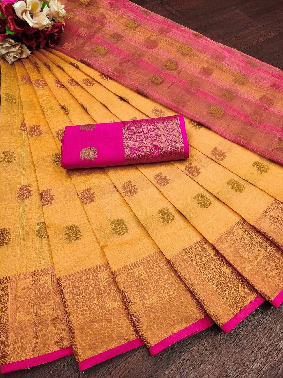 IndShopMart Cotton Silk Woven Saree With Unstitched Blouse Piece ( Yellow ) IndShopMart Cotton Silk Woven Saree With Unstitched Blouse Piece ( Yellow )