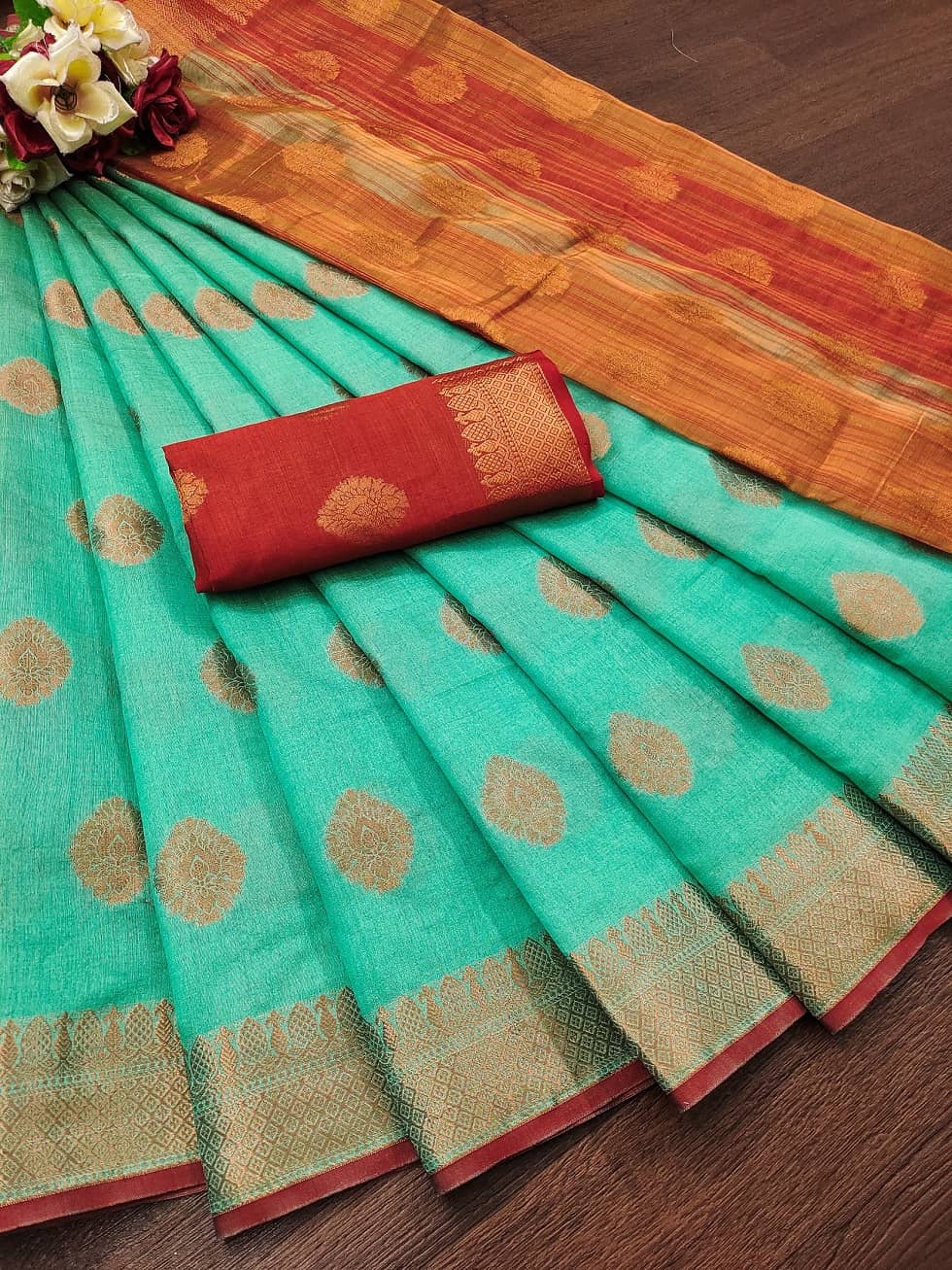 IndShopMart Cotton Silk Woven Saree With Unstitched Blouse Piece ( Rama ) - Sarees | Buy online on ZillyBuy