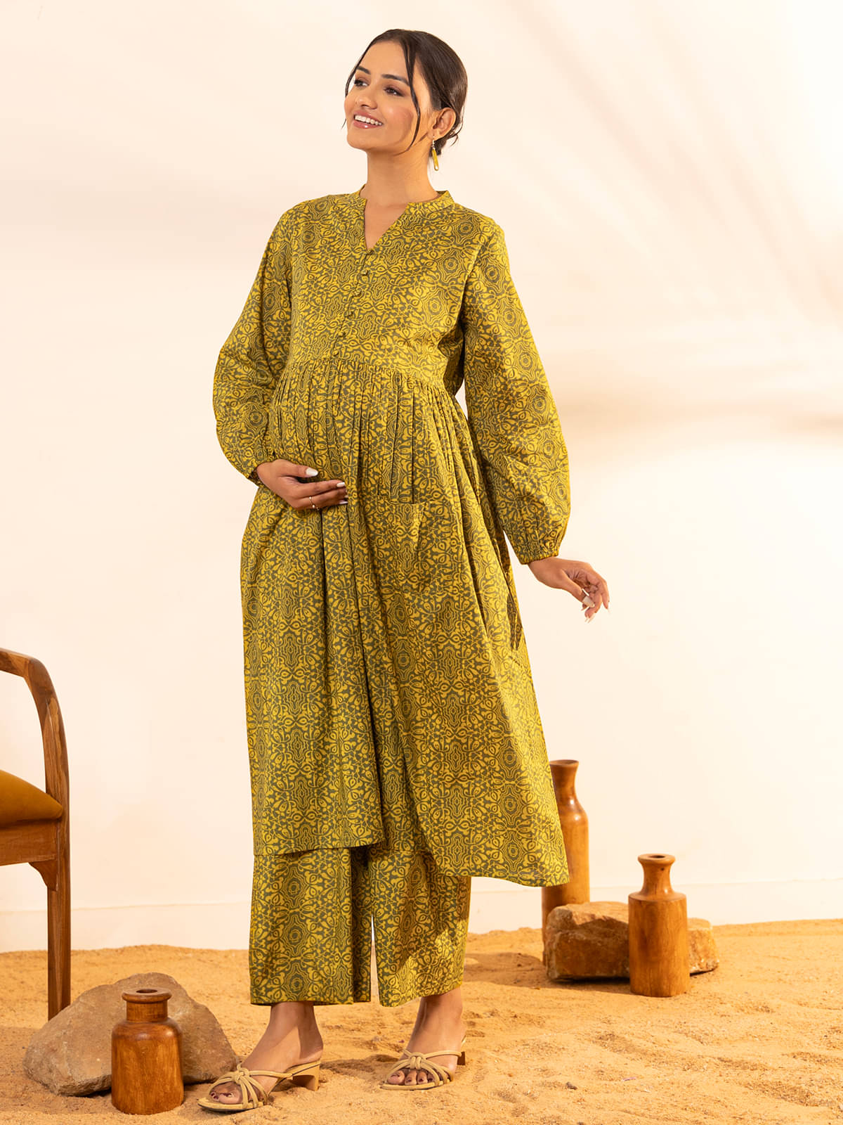 Janasya Green Cotton Maternity Kurta Suit Set Single     			Janasya Green Cotton Maternity Kurta Suit Set Single