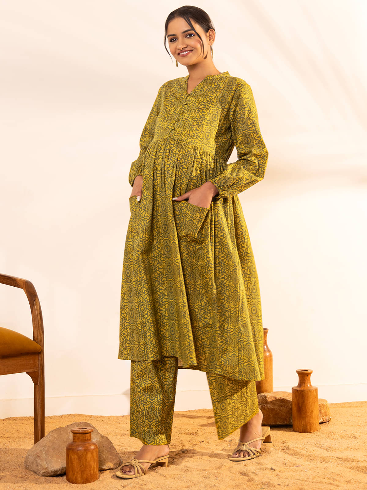     			Janasya Green Cotton Maternity Kurta Suit Set Single