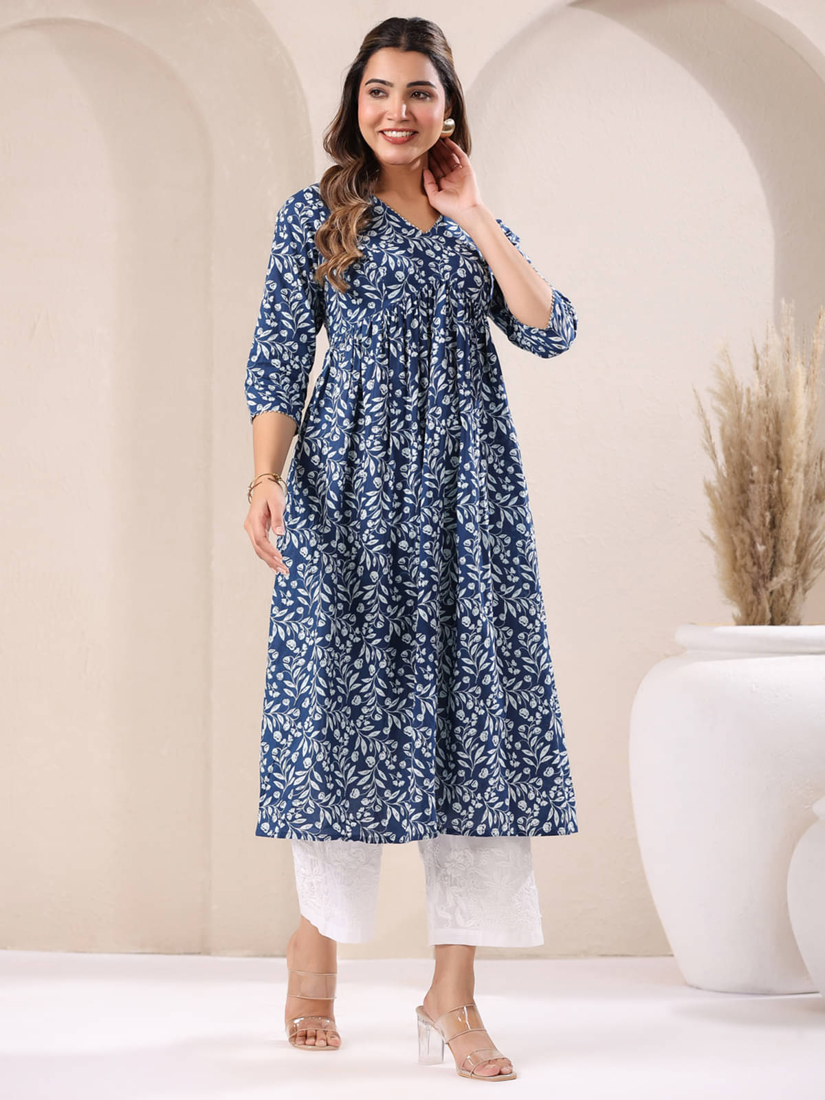Janasya Pack of 1 Cotton Printed Flared Women's Kurti - ( Blue )     			Janasya Pack of 1 Cotton Printed Flared Women's Kurti - ( Blue )