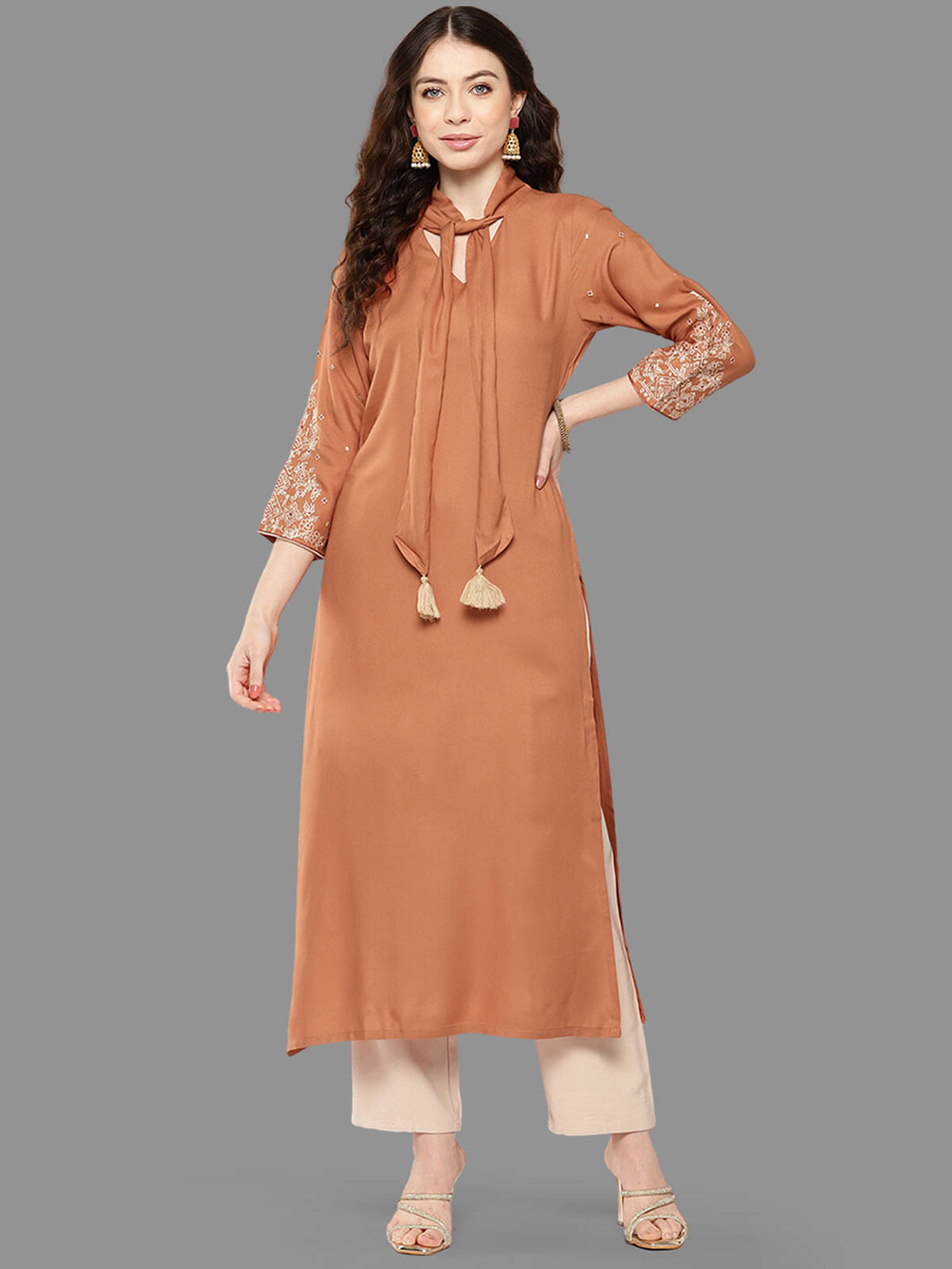 Janasya Pack of 1 Rayon Embroidered Straight Women's Kurti - ( Peach )     			Janasya Pack of 1 Rayon Embroidered Straight Women's Kurti - ( Peach )