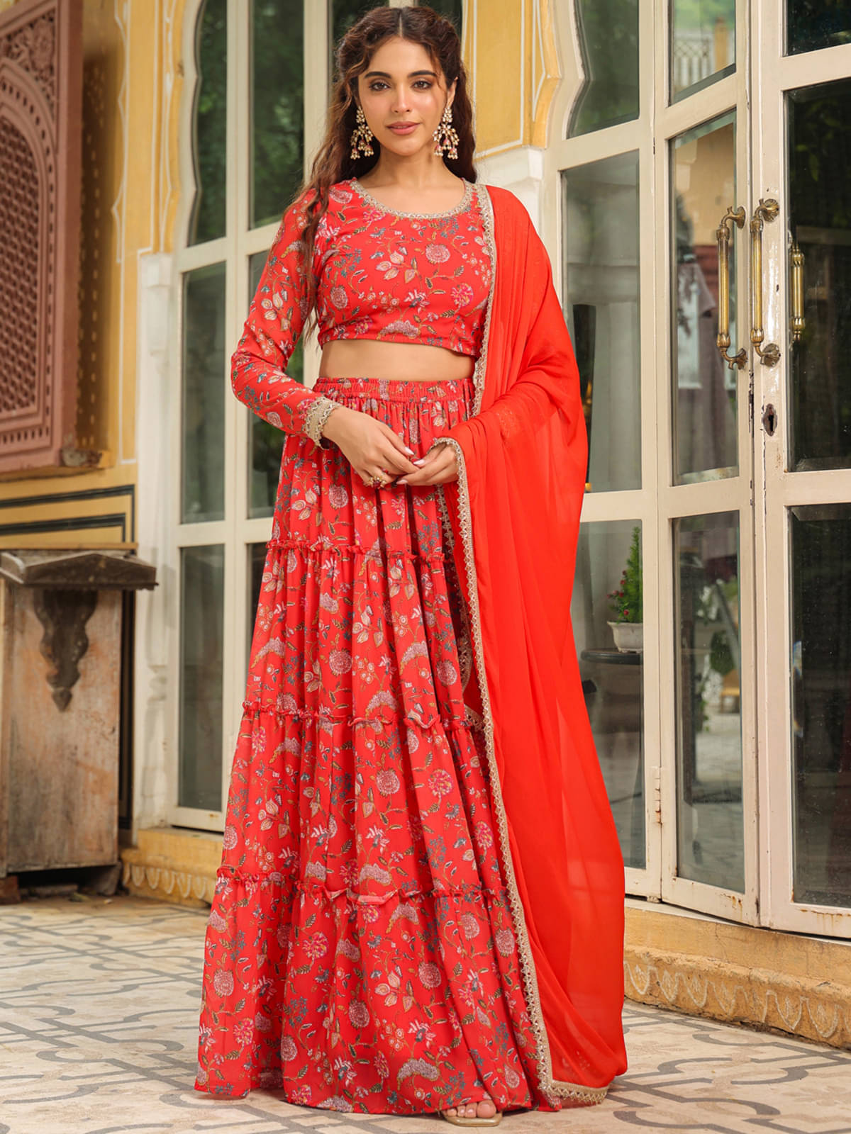     			Janasya Red Georgette Circular Stitched Lehenga Single
