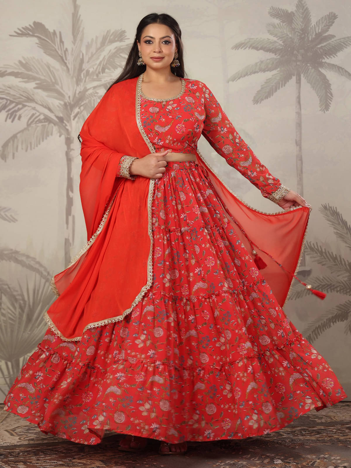     			Janasya Red Georgette Circular Stitched Lehenga Single