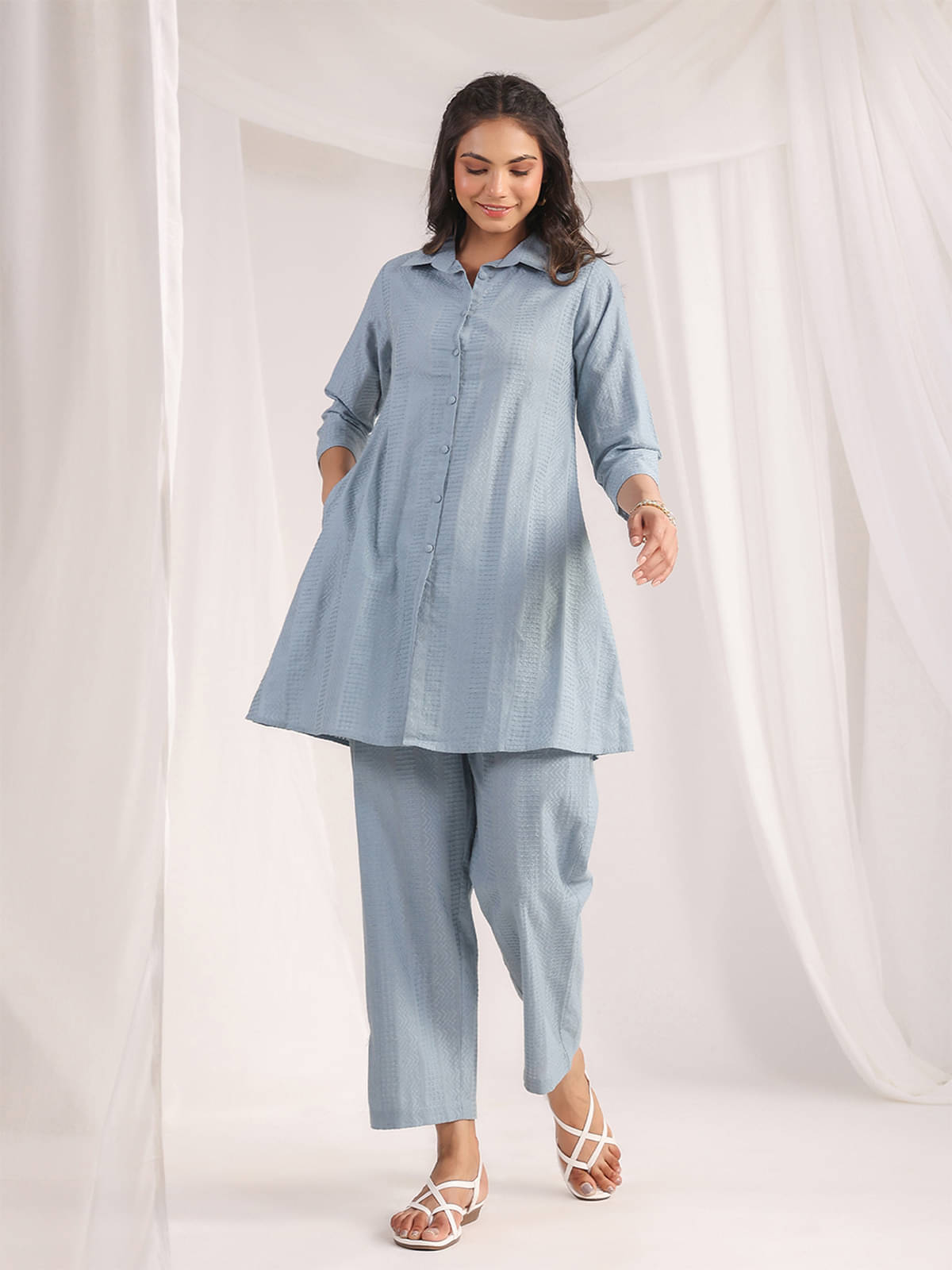     			Janasya Women Solid Kurta With Trousers Co-Ord Set ( Light Blue )