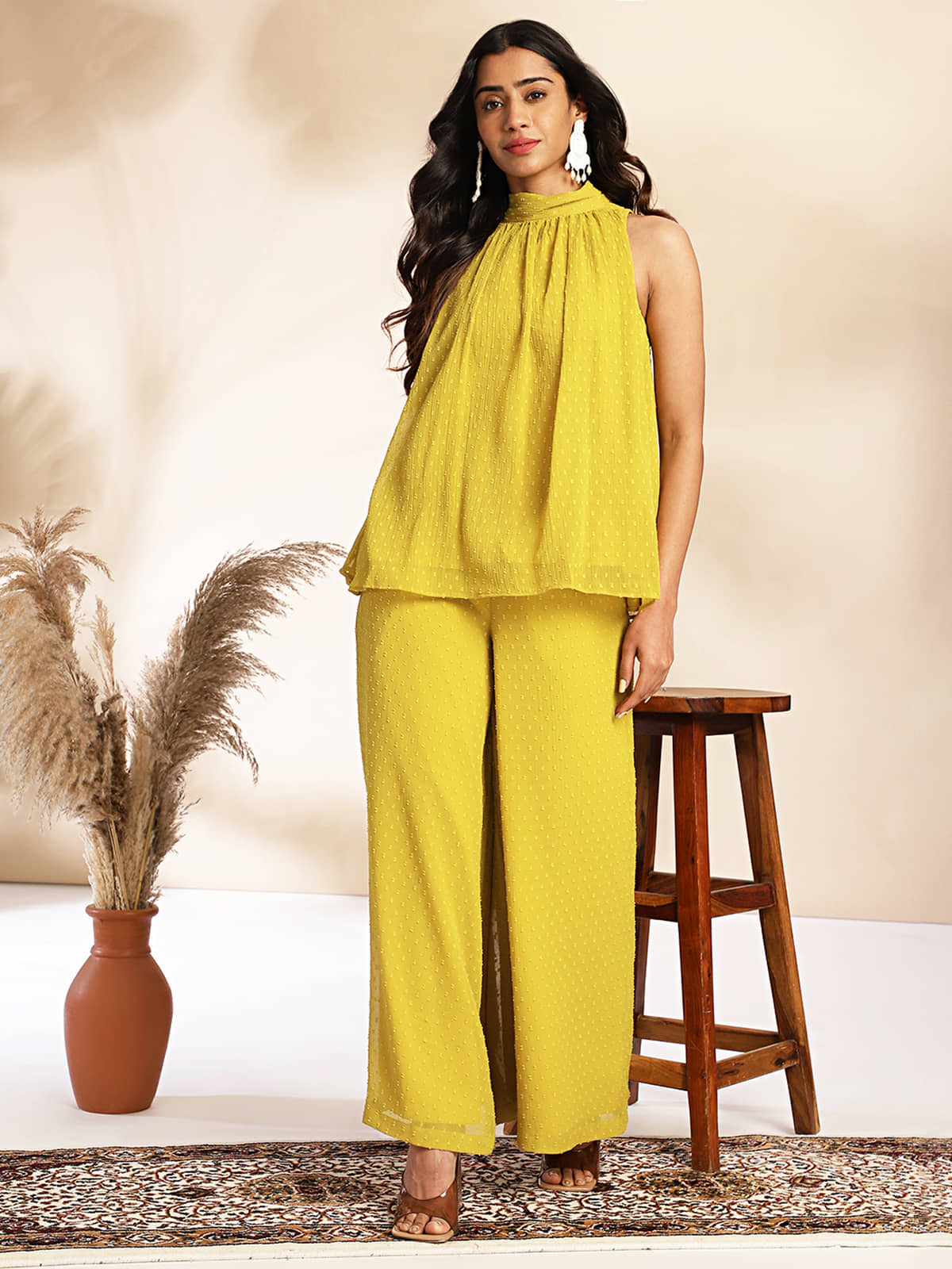 Janasya Women Self Design Top With Palazzos Co-Ord Set ( Yellow )