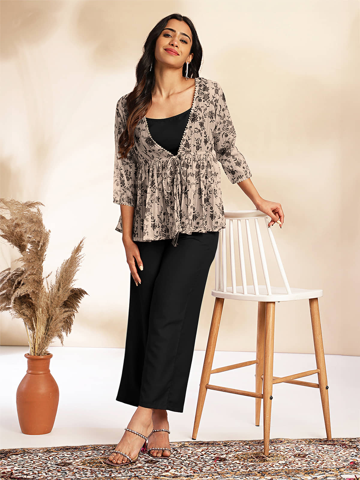 Janasya Women Printed Top With Trousers Co-Ord Set ( Black )
