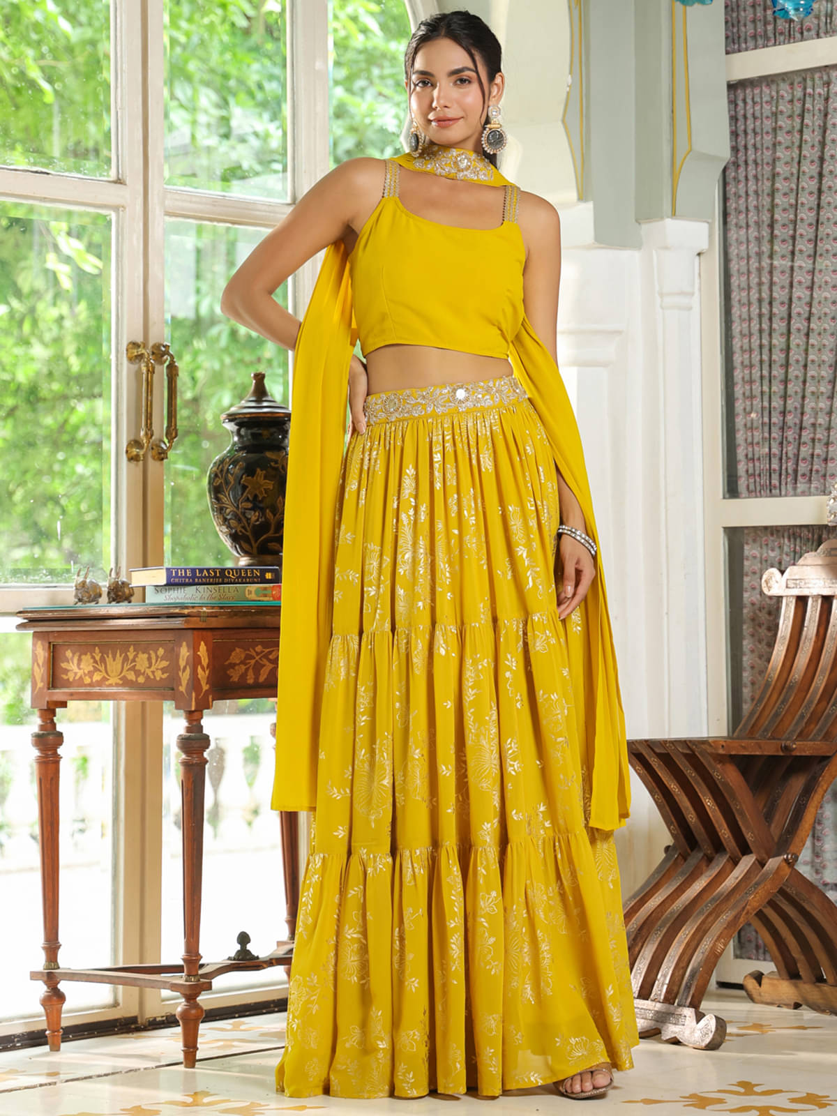     			Janasya Yellow Georgette Circular Stitched Lehenga Single