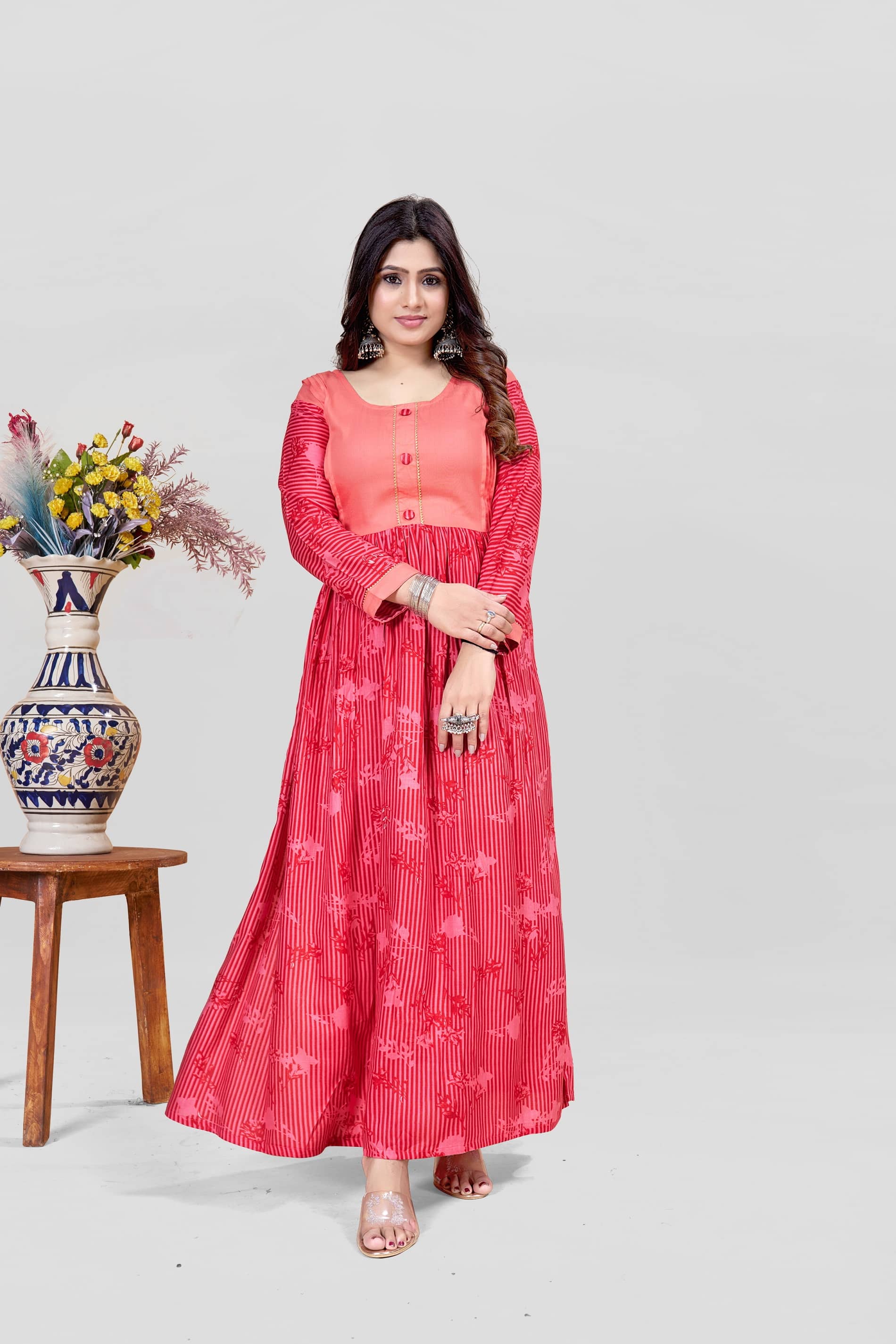 MEESORRA Pack of 1 Rayon Striped Anarkali Women's Kurti - ( Peach ) - Kurtis, Tunics | Buy online on ZillyBuy