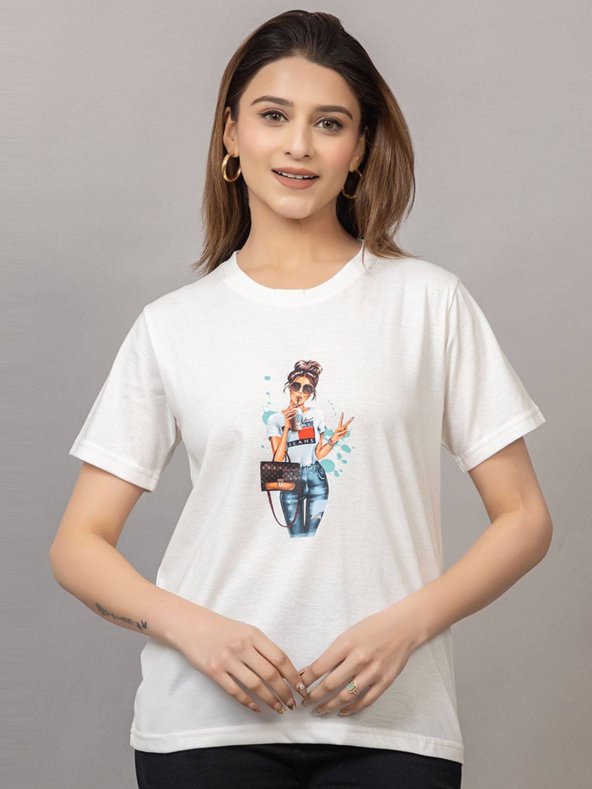 MISDYNAMIC Women Cotton Blend Printed Regular Fit Round Neck T-Shirt ( Off White )     			MISDYNAMIC Women Cotton Blend Printed Regular Fit Round Neck T-Shirt ( Off White )