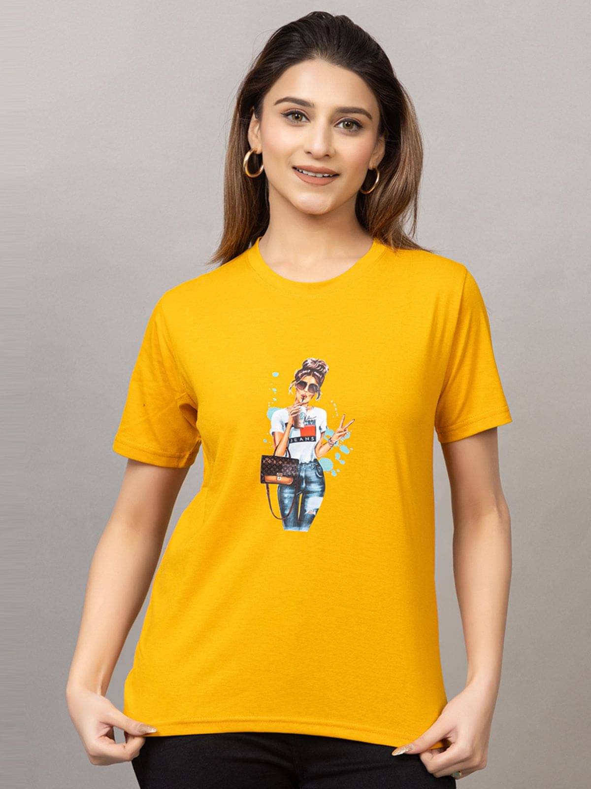     			MISDYNAMIC Women Cotton Blend Printed Regular Fit Round Neck T-Shirt ( Mustard )