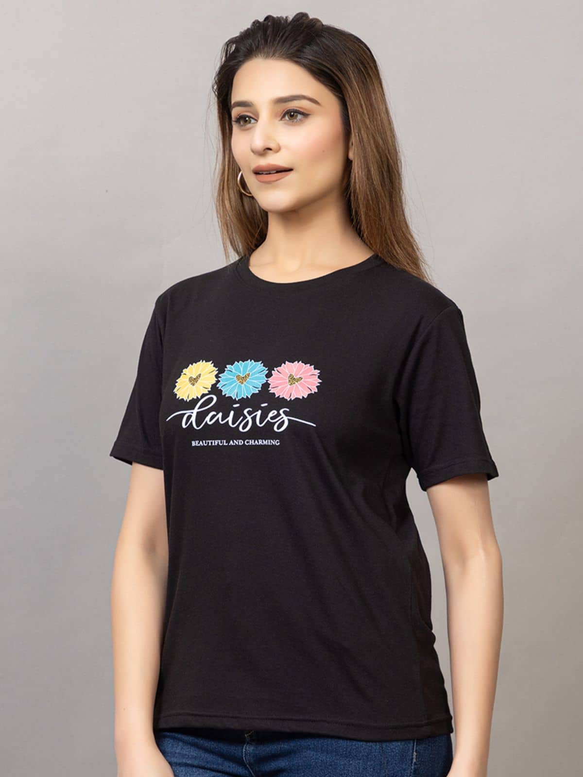 MISDYNAMIC Women Cotton Blend Printed Regular Fit Round Neck T-Shirt ( Black )