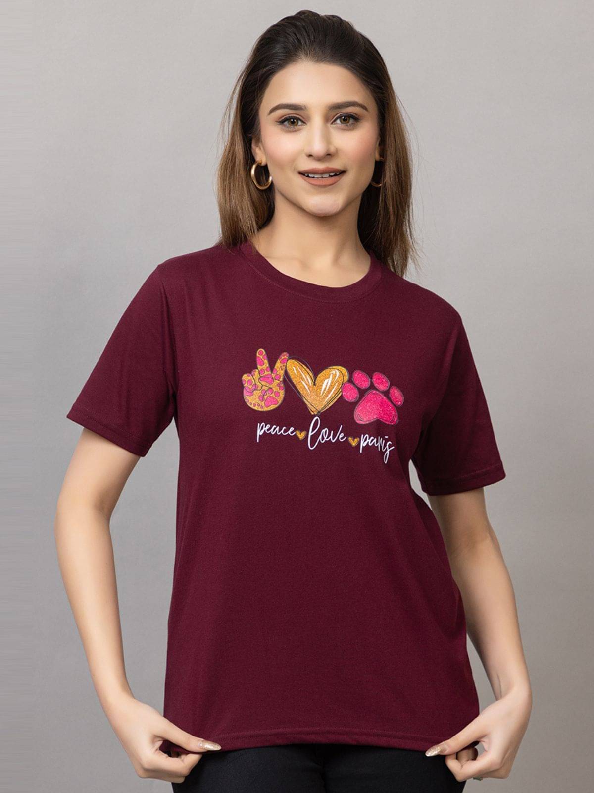     			MISDYNAMIC Women Cotton Blend Printed Regular Fit Round Neck T-Shirt ( Wine )